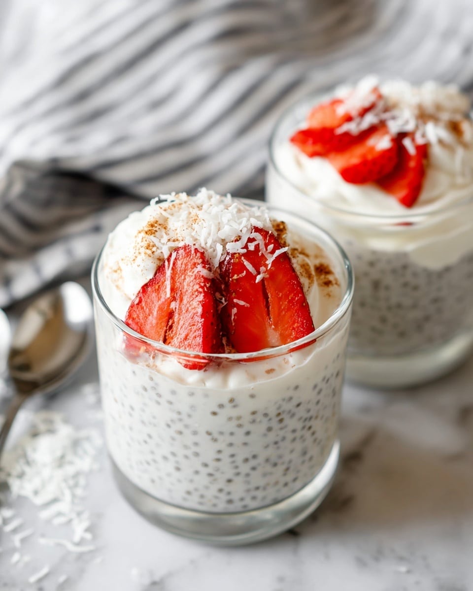 Two clear glass cups hold a creamy pudding base with small black chia seeds visible throughout. Each cup has about three layers: the bottom thick white chia pudding with subtle small black seeds, a generous swirl of white whipped cream or yogurt on top, and three red, sliced strawberries placed neatly on the cream layer. The strawberries are sprinkled with white shredded coconut flakes and a light dusting of brown cinnamon powder. The cups sit on a white marbled surface with a blurred striped cloth in the background and a silver spoon nearby. photo taken with an iphone --ar 4:5 --v 7