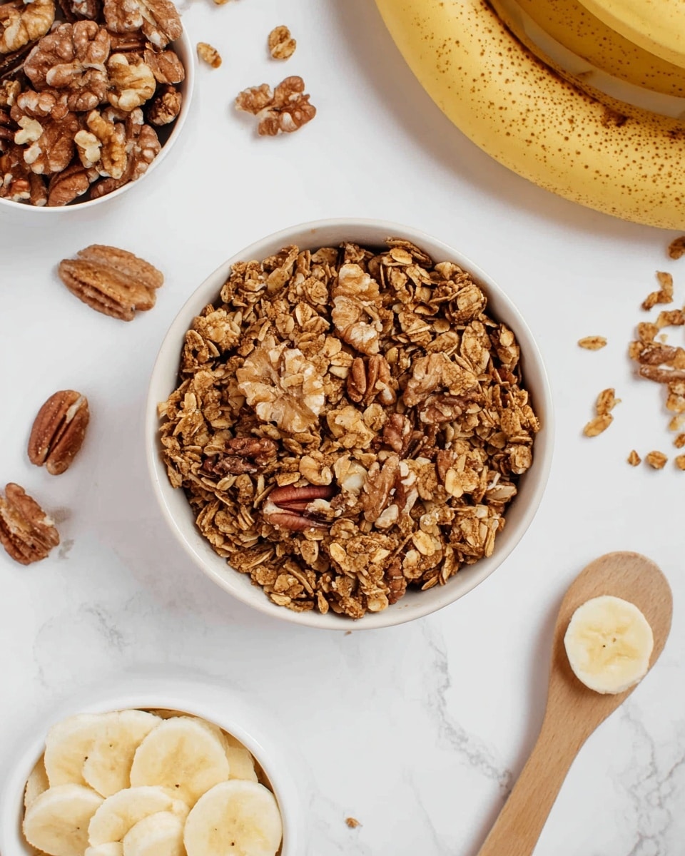 A white bowl filled with crunchy granola mixed with pecans and walnuts, showing a rough texture and warm brown colors. Above the granola bowl is a small white bowl holding more walnuts, with some scattered around the table. To the right of the granola bowl, a few yellow bananas with brown spots rest on a white marbled surface. Below the granola bowl, there is a small white bowl with round slices of banana, smooth and pale yellow in color. On the far right, a wooden spoon with a white handle lies on the table with small granola pieces scattered nearby. photo taken with an iphone --ar 4:5 --v 7