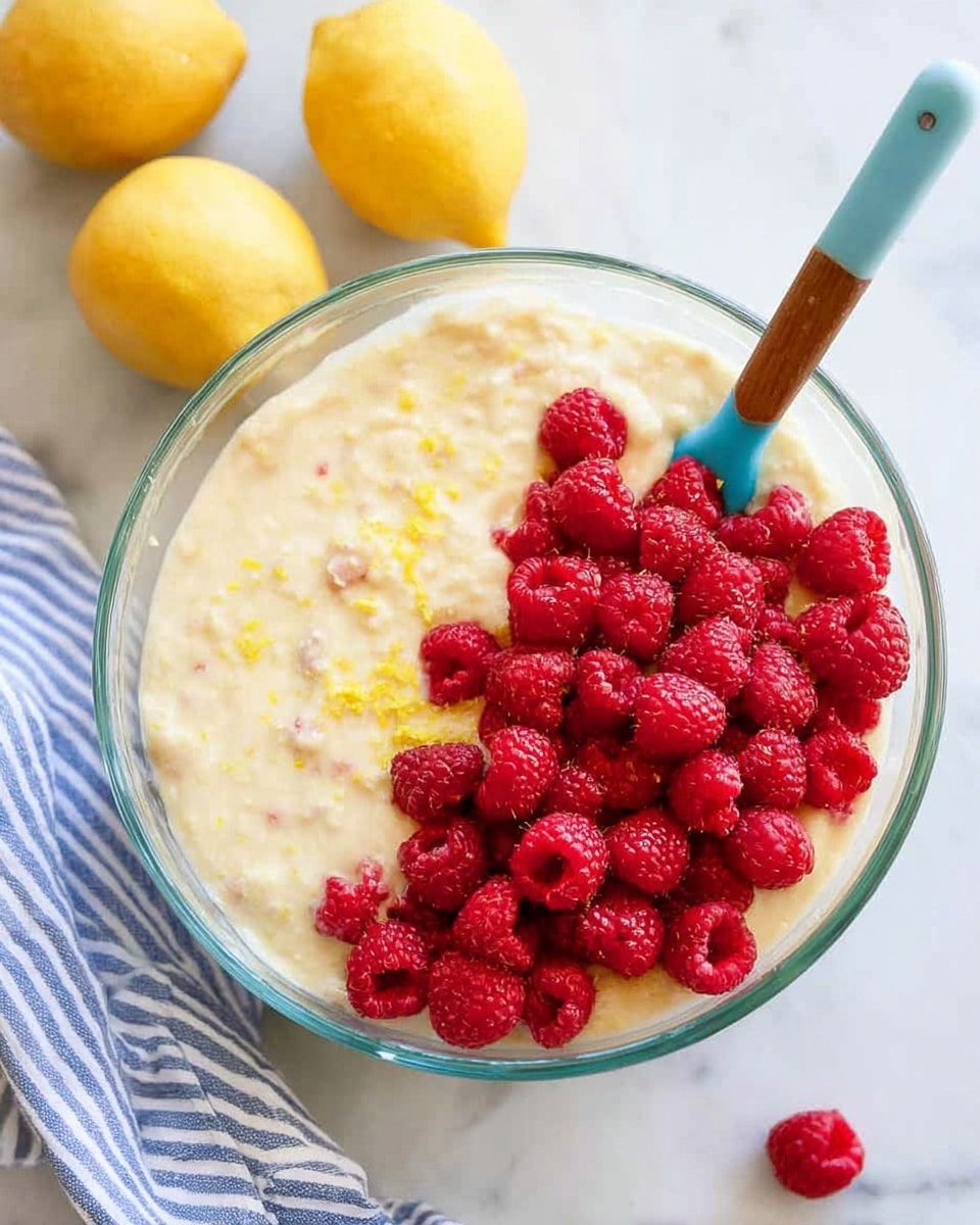 A clear glass bowl filled with a creamy, light yellow batter with small bits of yellow zest mixed inside, topped with a heap of bright red raspberries mostly on one side; a blue spatula with a wooden handle rests inside the bowl on the batter, slightly under the raspberries. The bowl is placed on a white marbled surface, next to a blue and white striped cloth and two whole yellow lemons in the background. A single raspberry is also seen on the surface near the bowl. photo taken with an iphone --ar 4:5 --v 7