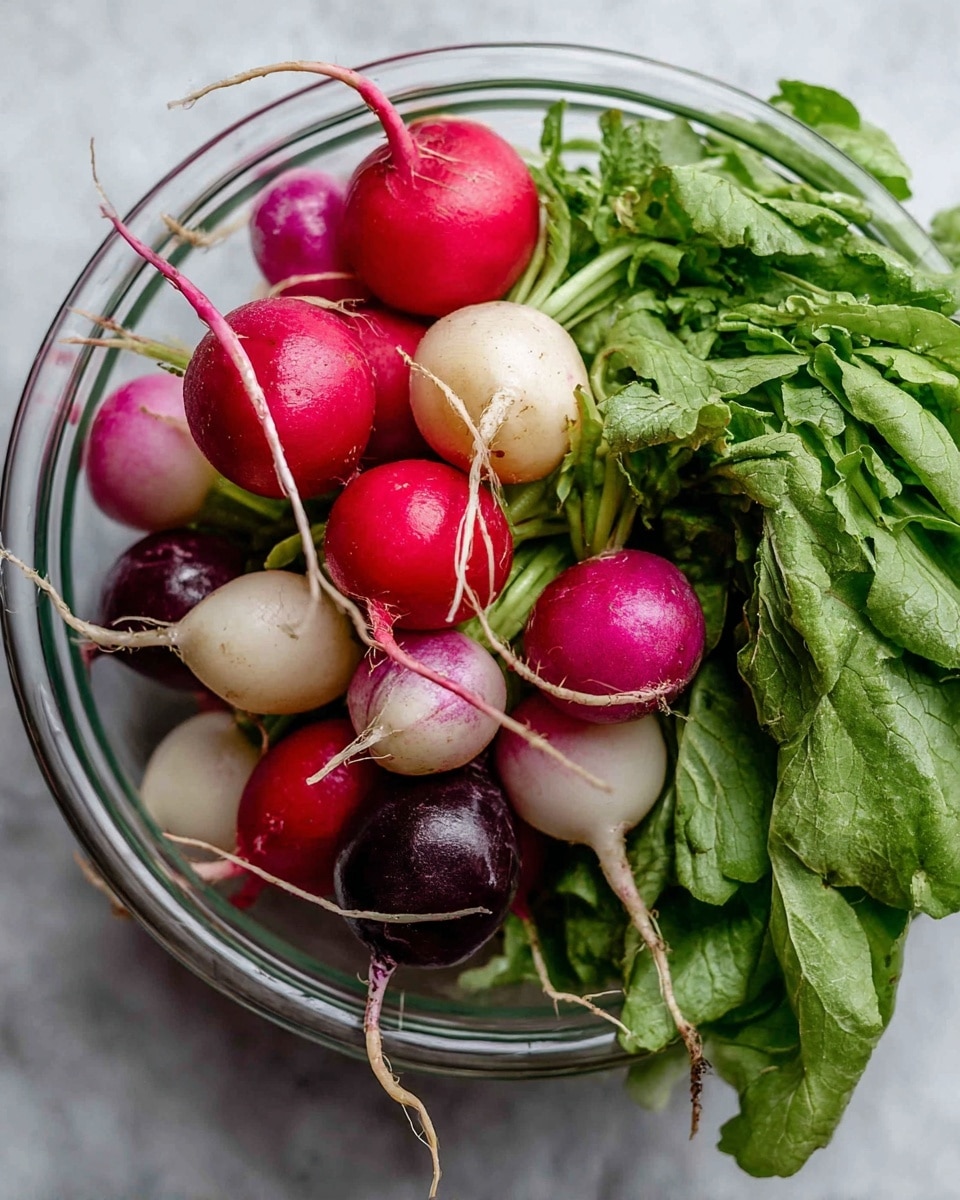 A clear glass bowl filled with fresh radishes and green leafy tops. The radishes come in different colors: bright red, dark purple, pink, and white, all with thin roots hanging down. The green tops are fresh, leafy, and slightly crinkled, taking up almost half of the bowl on the right side. The bowl is placed on a white marbled surface, showing a clean and bright setting. photo taken with an iphone --ar 4:5 --v 7