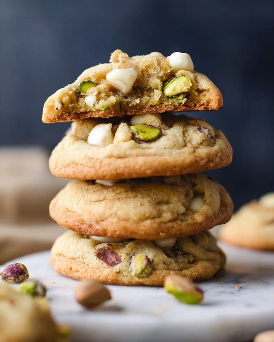A stack of four soft cookies is shown on a white marbled surface, with three whole cookies at the bottom and one cookie half placed on top, showing its soft, crumbly inside with white chocolate chunks and green pistachios. The cookies are golden brown with visible green pistachio pieces and white chocolate bits embedded throughout. There are some whole pistachios scattered around the base of the stack. The background is dark and blurred, making the cookies the main focus. photo taken with an iphone --ar 4:5 --v 7