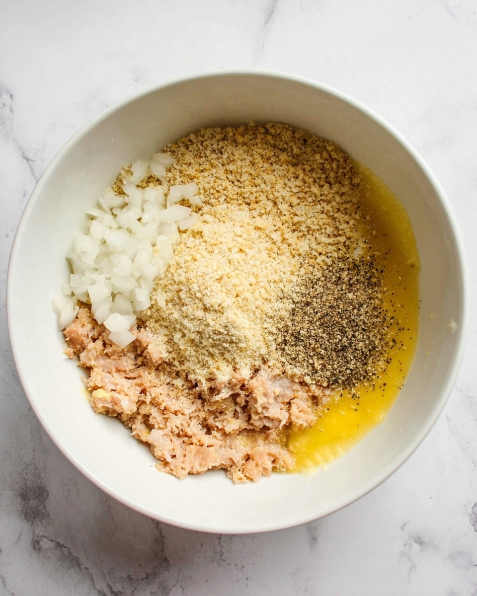 A white bowl sits on a white marbled surface, filled with ingredients ready to be mixed. Inside the bowl, the base layer is a light pink shredded meat spread across the bottom. On top of this, there is a pile of fine beige breadcrumbs placed near the upper center. To the left of the breadcrumbs, there are small diced white onions forming a neat mound. On the right side, there is a pool of yellow beaten eggs with a slightly wet texture. In the middle, black pepper and salt are sprinkled, adding dark and light specks. The mix shows clear separation of each ingredient with distinct colors and textures. Photo taken with an iphone --ar 4:5 --v 7