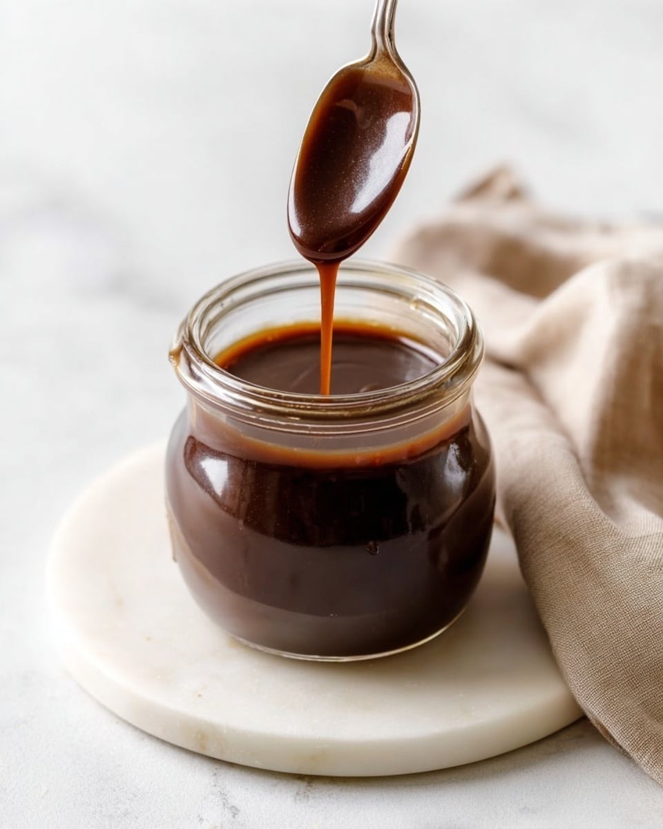 A small clear glass jar filled with thick, dark brown sauce sits on a round white marble tray with smooth edges. A metal spoon is held just above the jar, dripping the shiny sauce back into it. The sauce has a smooth texture with a rich gloss. On the right side of the tray is a beige cloth with soft folds. The background is a white marbled surface. photo taken with an iphone --ar 4:5 --v 7