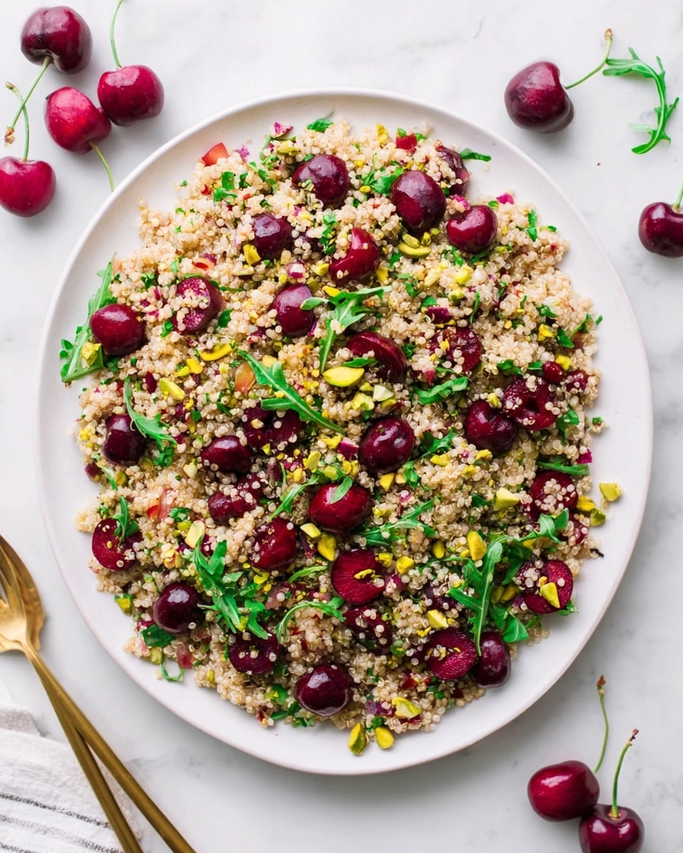 A large white plate is filled with a colorful quinoa salad, showing a mix of light beige quinoa grains evenly spread out as the base layer. Scattered throughout the quinoa are deep red cherry halves, giving bright pops of color and smooth texture. Small green arugula leaves and yellow-green pistachio nuts are spread on top, adding fresh green and earthy yellow tones. Tiny bits of red onion are mixed in, giving small purple specks that add contrast. The plate is placed on a white marbled surface with two whole cherries and a gold fork nearby. The overall look is fresh, vibrant, and textured with natural colors. photo taken with an iphone --ar 4:5 --v 7