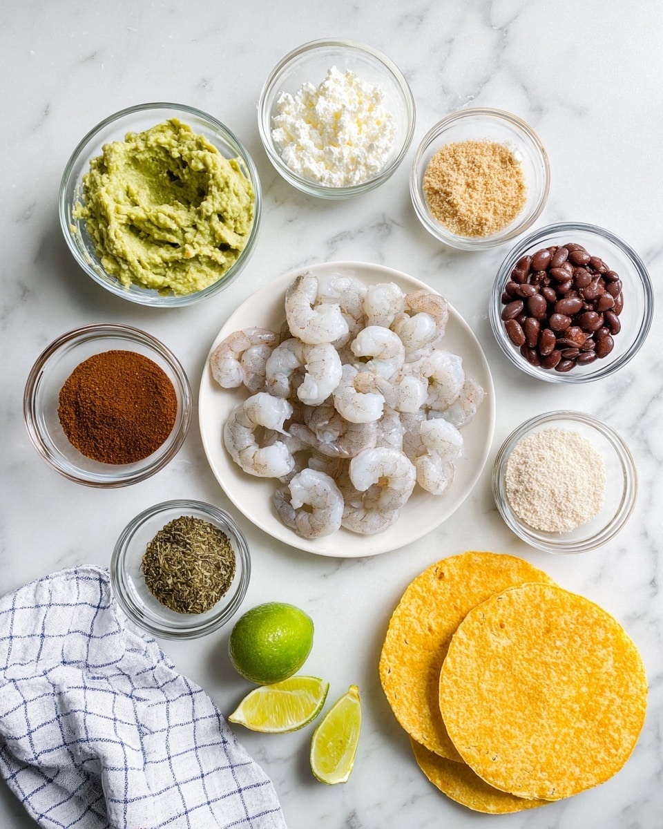 The image shows several small clear glass bowls arranged on a white marbled surface. In the center, a white plate holds peeled raw shrimp, light grey in color with a soft texture. Around it are bowls with various ingredients: light green mashed avocado, white crumbly cheese, dark brown ground spice, light tan garlic powder, dark chili powder, light beige breadcrumb-like powder, green dried herbs, and dark reddish-brown refried beans. Two lime wedges, one near the cheese and the other near the salt, add a bright green touch. On the right are three stacked round yellow corn tortillas. A white and blue checkered cloth is casually placed on the bottom left. Photo taken with an iphone --ar 4:5 --v 7