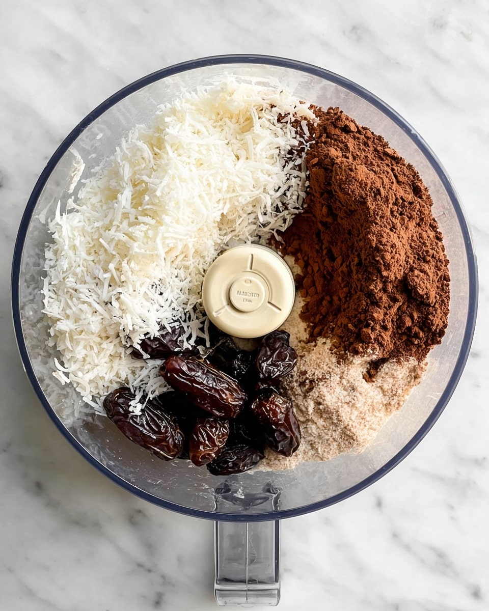 A clear round food processor bowl is placed on a white marbled surface, filled with four main layers of ingredients. On the left side, there is a pile of shredded white coconut with a slightly stringy texture. At the bottom, dark brown whole dates with a glossy, sticky surface form a cluster. To the right of the coconut and dates, a mound of light brown powder cocoa is spread with a dry, fine texture. The layers are neatly arranged in sections inside the bowl, with some portions overlapping slightly near the center where the food processor blade is visible. Photo taken with an iphone --ar 4:5 --v 7