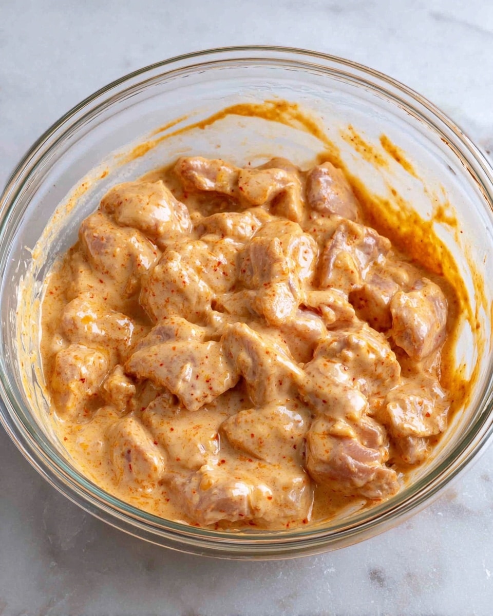 A clear glass bowl filled with raw chicken pieces covered in a creamy, light orange sauce with visible small specks of spices mixed throughout. The chicken chunks are irregular in shape and coated evenly by the sauce, giving a thick and smooth texture. The bowl sits on a white marbled surface, and the sauce has left slight streaks on the inside sides of the bowl. Photo taken with an iphone --ar 4:5 --v 7