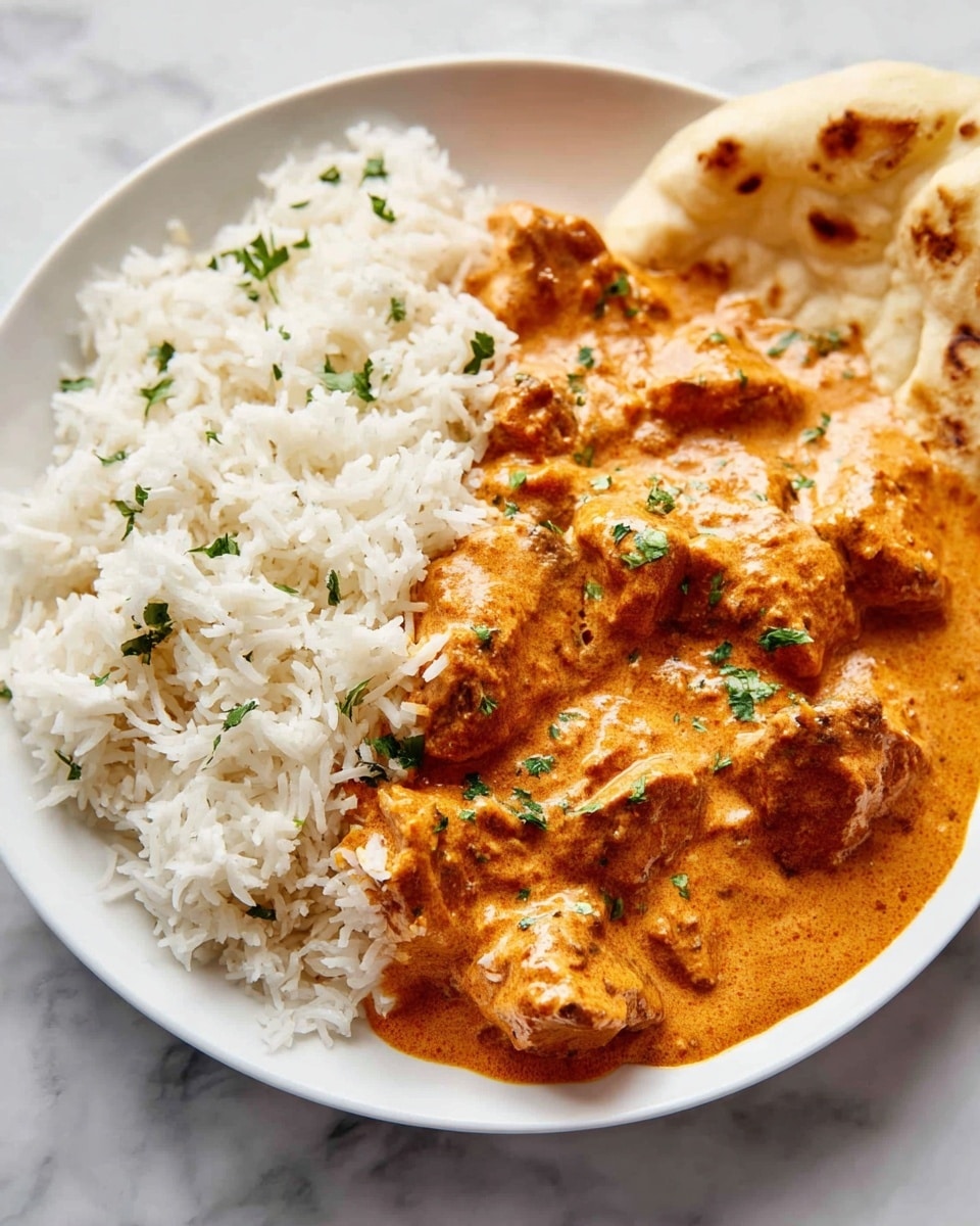 A white plate holds three main parts: on the left, a pile of white rice with a few green herb pieces mixed in; on the right, a serving of creamy orange curry with visible chunks of meat and flecks of green herbs on top, showing a rich and smooth texture; in the upper right corner, a piece of light brown naan bread sits partially on the plate. The whole setting is on a white marbled surface. photo taken with an iphone --ar 4:5 --v 7