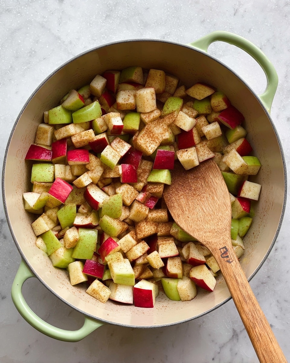 A light green cooking pot with two handles holds small cubes of red and green apples mixed with ground cinnamon, giving the fruit pieces a warm brown dusting on parts of their skin and white flesh. The pot is on a white marbled surface, and a wooden spoon rests inside, partly covered by the apple cubes, showing a smooth wood texture and a simple shape. The apple cubes fill about three-quarters of the pot, with some space visible in the center where the spoon lies photo taken with an iphone --ar 4:5 --v 7