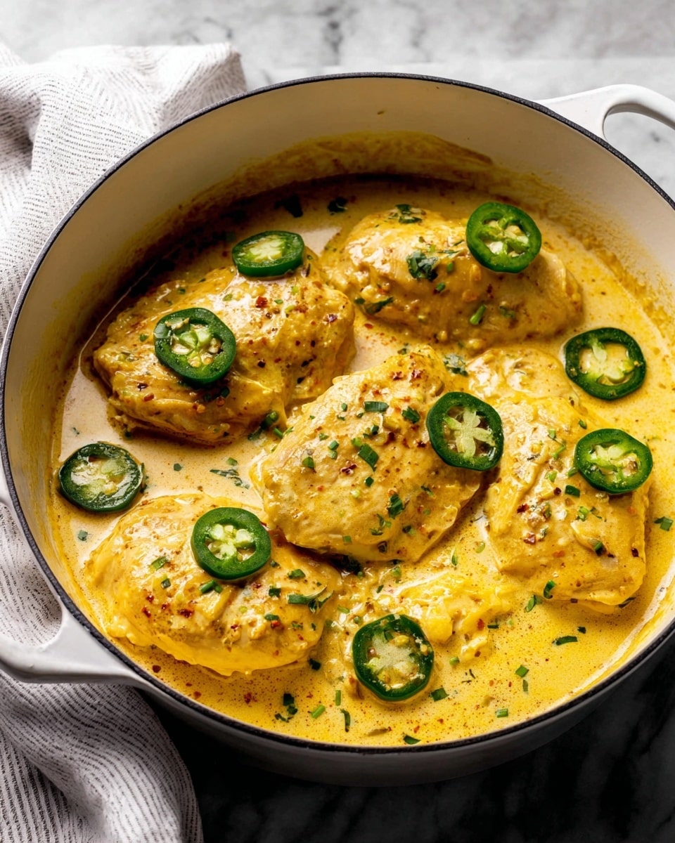 The image shows a white pot filled with five large pieces of chicken in a creamy yellow sauce. The sauce looks thick and smooth with some texture from small ingredients mixed in. Each piece of chicken is partly covered by the sauce and topped with bright green slices of jalapeño peppers, adding pops of color. The pot is placed on a white marbled surface with a light gray and white striped cloth in the background. The overall look is warm, rich, and inviting, showing a close-up view of the dish. Photo taken with an iphone --ar 4:5 --v 7