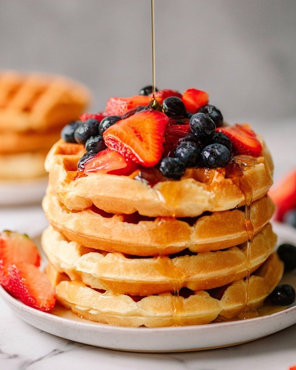 A stack of five golden brown waffles sits on a white plate with a white marbled surface below. On the top waffle, there are fresh blueberries and sliced strawberries scattered in an uneven pattern. Clear maple syrup is being poured down from above, slowly dripping over the berries and running down the sides of the waffles, giving a shiny, sticky look. The waffles have a soft, fluffy texture with lightly crispy edges, and part of another similar stack is softly blurred in the background. Photo taken with an iphone --ar 4:5 --v 7