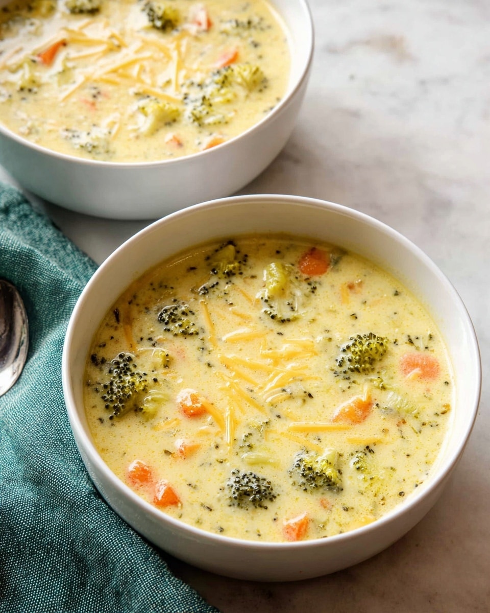 Two white bowls filled with creamy soup sit on a white marbled surface. The soup has a thick texture with visible small chunks of bright orange carrot, green broccoli florets, and thin yellow cheese strands scattered throughout the pale yellow creamy broth. One bowl is in the front and more in focus, while the other is slightly blurred in the back. A green cloth is placed to the left side of the front bowl. The lighting is soft and natural, highlighting the creamy texture and colorful vegetables in the soup. photo taken with an iphone --ar 4:5 --v 7