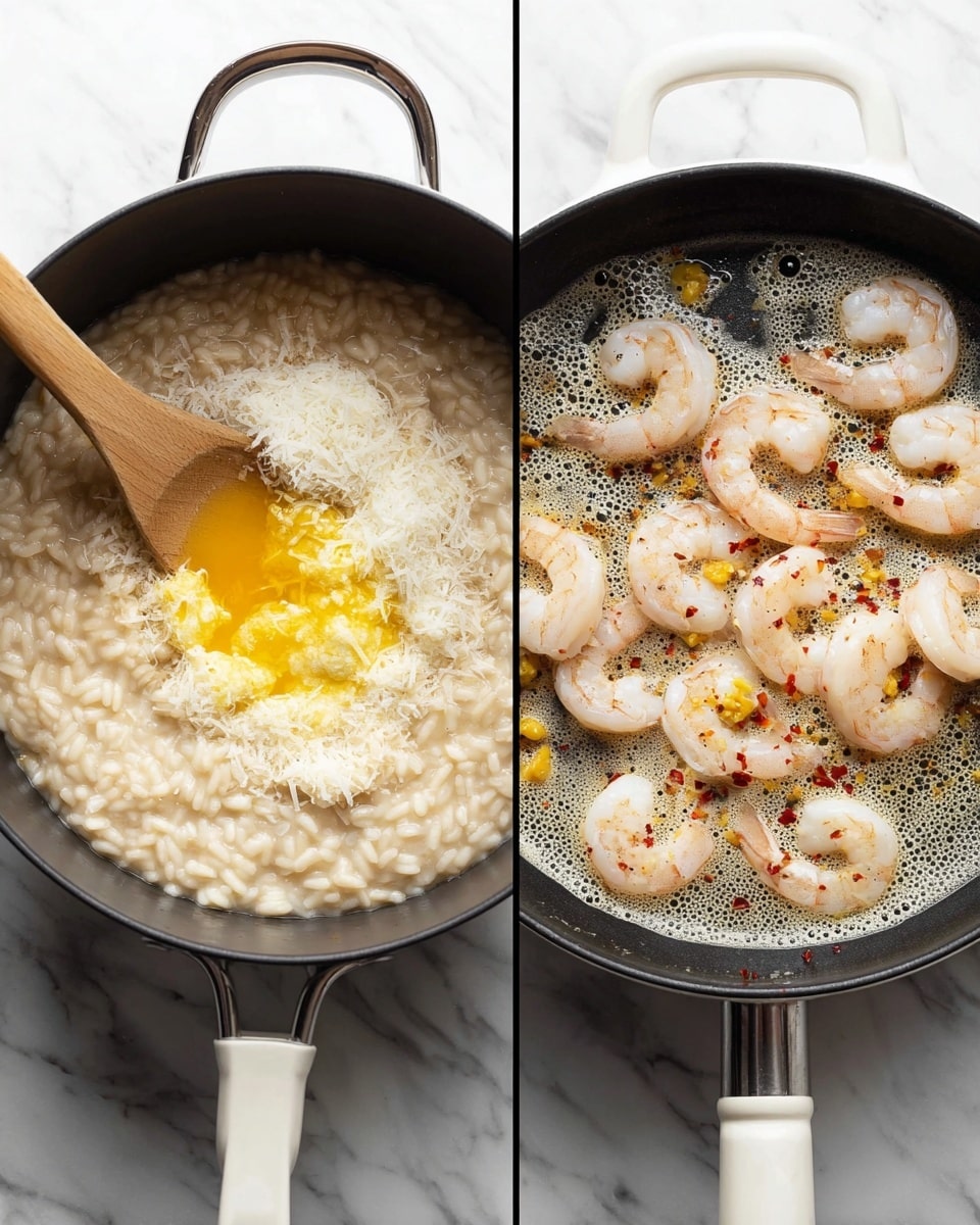 The first image shows a black pot filled with creamy risotto that has a light beige color and a thick texture. On top of the risotto, there is a thick layer of grated white cheese and a separate golden-yellow layer of melted butter, both near the center. A wooden spoon is placed inside the pot, stirring the mixture. The second image features a white-handled black pan containing raw white shrimp scattered evenly across the surface. The shrimp are topped with small yellow chunks of garlic and thin red flakes of chili pepper, all sitting in a pool of melted butter with tiny bubbles. Both pans are placed on a white marbled surface photo taken with an iphone --ar 4:5 --v 7