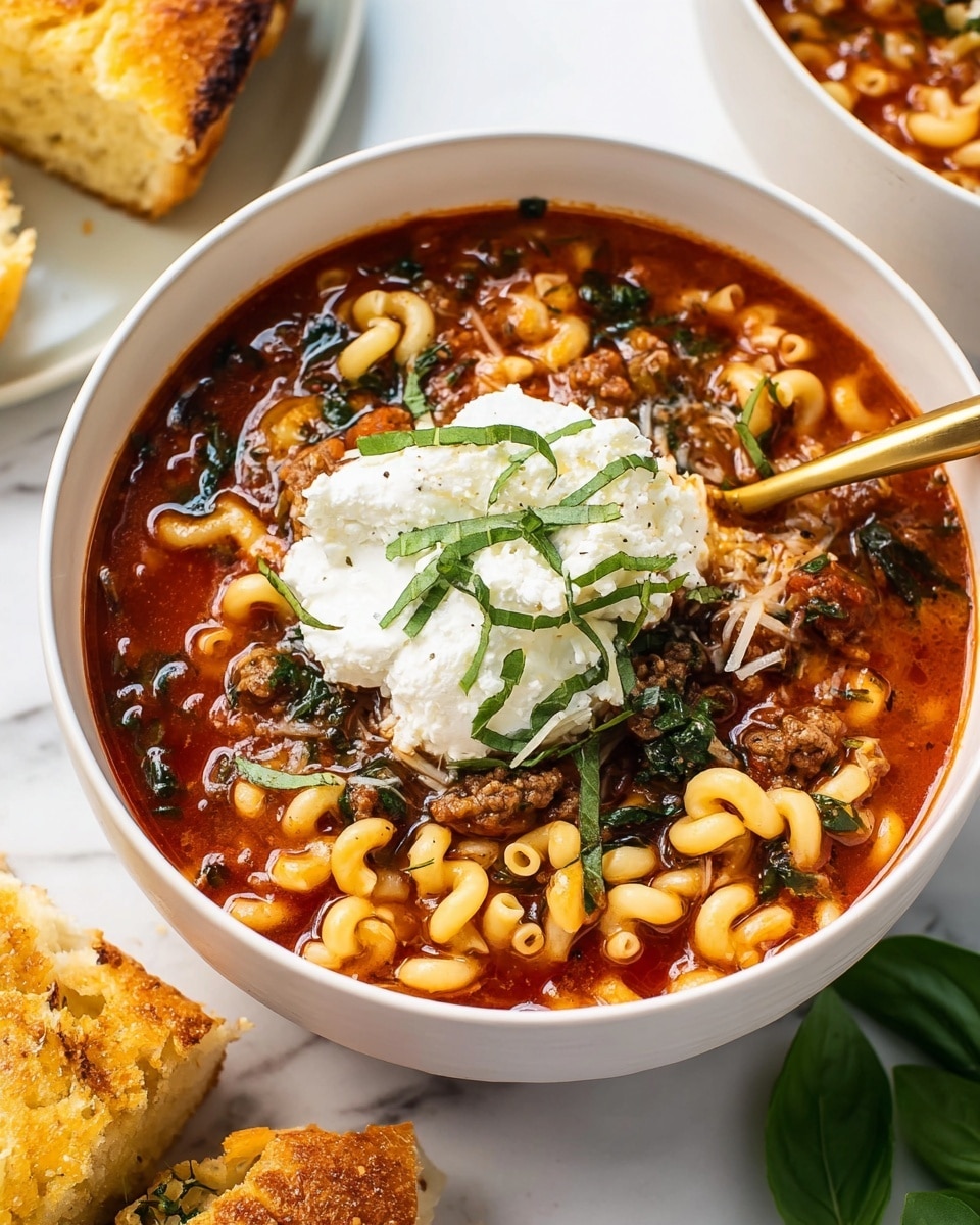 The dish is a white bowl filled with a rich red tomato-based soup that contains curly pasta, small bits of browned meat, and chopped green leafy herbs mixed throughout. On top in the center, there is a generous dollop of white ricotta cheese, sprinkled with thin strips of fresh green basil. The bowl is placed on a white marbled surface, with some pieces of golden brown herb focaccia bread and a green basil leaf nearby. A gold spoon is resting inside the bowl, partially submerged in the soup. Photo taken with an iphone --ar 4:5 --v 7