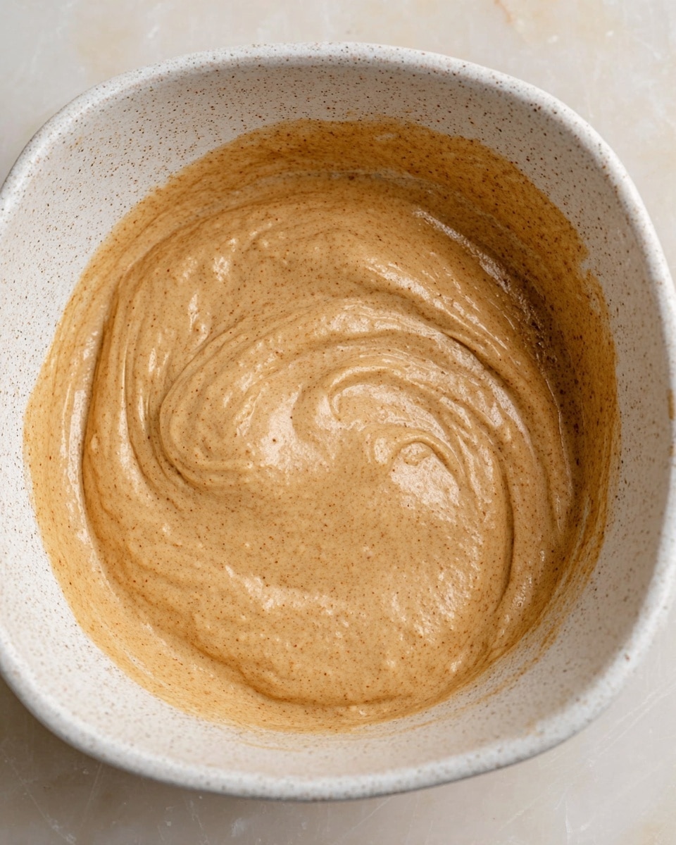 A single close-up view of a thick, light brown batter with small darker specks, spread smoothly inside a white speckled bowl with rounded edges, sitting on a white marbled surface. The batter has a creamy texture and visible swirls on the surface as if recently stirred. photo taken with an iphone --ar 4:5 --v 7