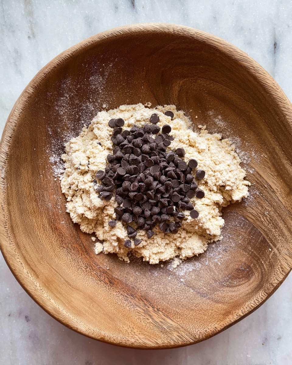 A wooden bowl holds two visible layers of ingredients on a white marbled surface. The bottom layer is a pale beige crumbly mixture with a rough texture, spread unevenly inside the bowl, with some flour dust on the sides. Resting on top in the center is a cluster of small, round, dark brown chocolate chips, forming a small pile that contrasts with the lighter base. Photo taken with an iphone --ar 4:5 --v 7