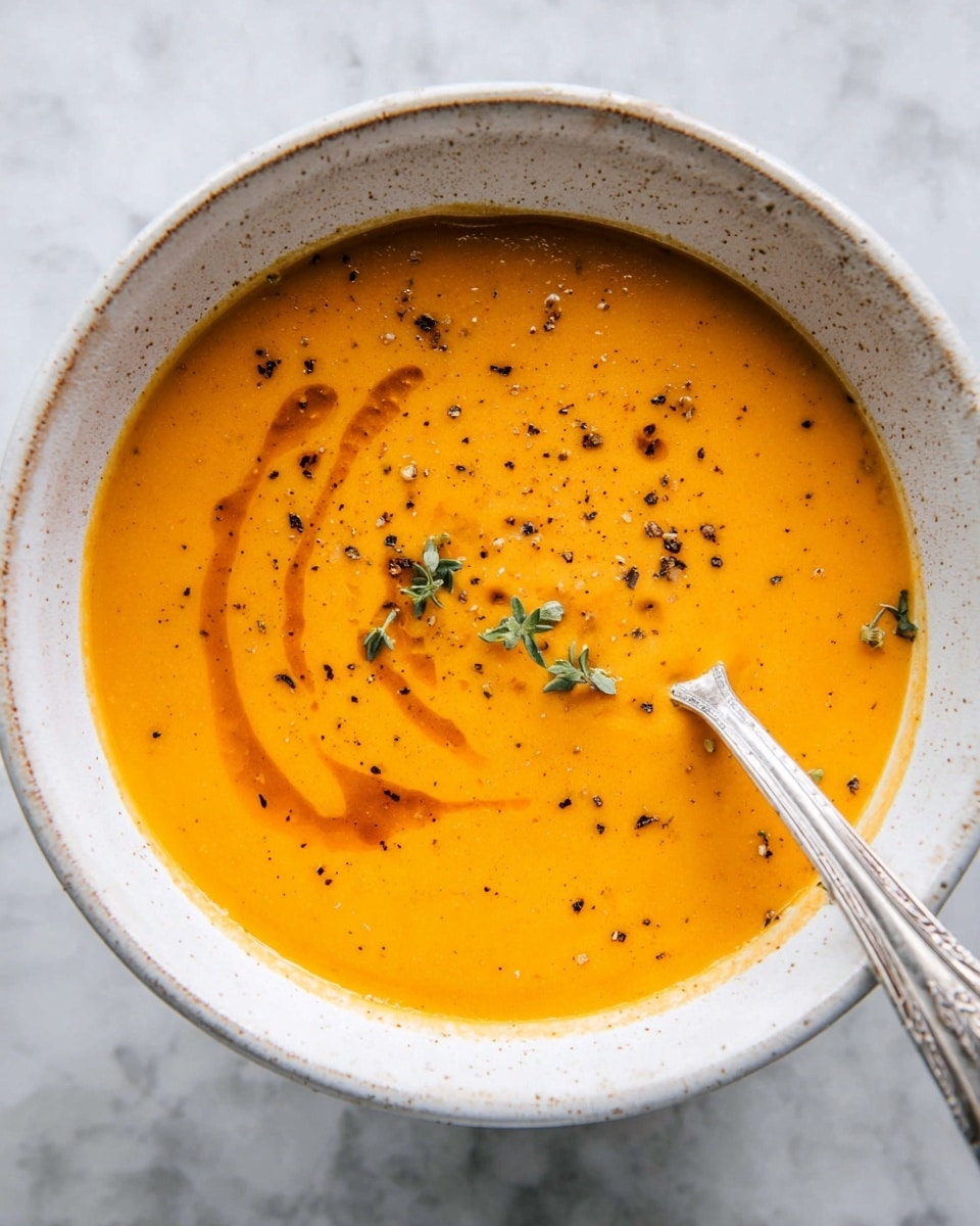 The image shows a bowl of smooth orange soup with a rich, creamy texture. The soup fills the bowl almost to the top and has small bits of black pepper and tiny green herb leaves scattered over the surface. There is a swirl of oil or sauce adding a darker orange shine on top, making the soup look fresh and tasty. A silver spoon with a detailed handle rests inside the bowl, which is white with small brown speckles along the rim. The bowl sits on a white marbled surface. photo taken with an iphone --ar 4:5 --v 7