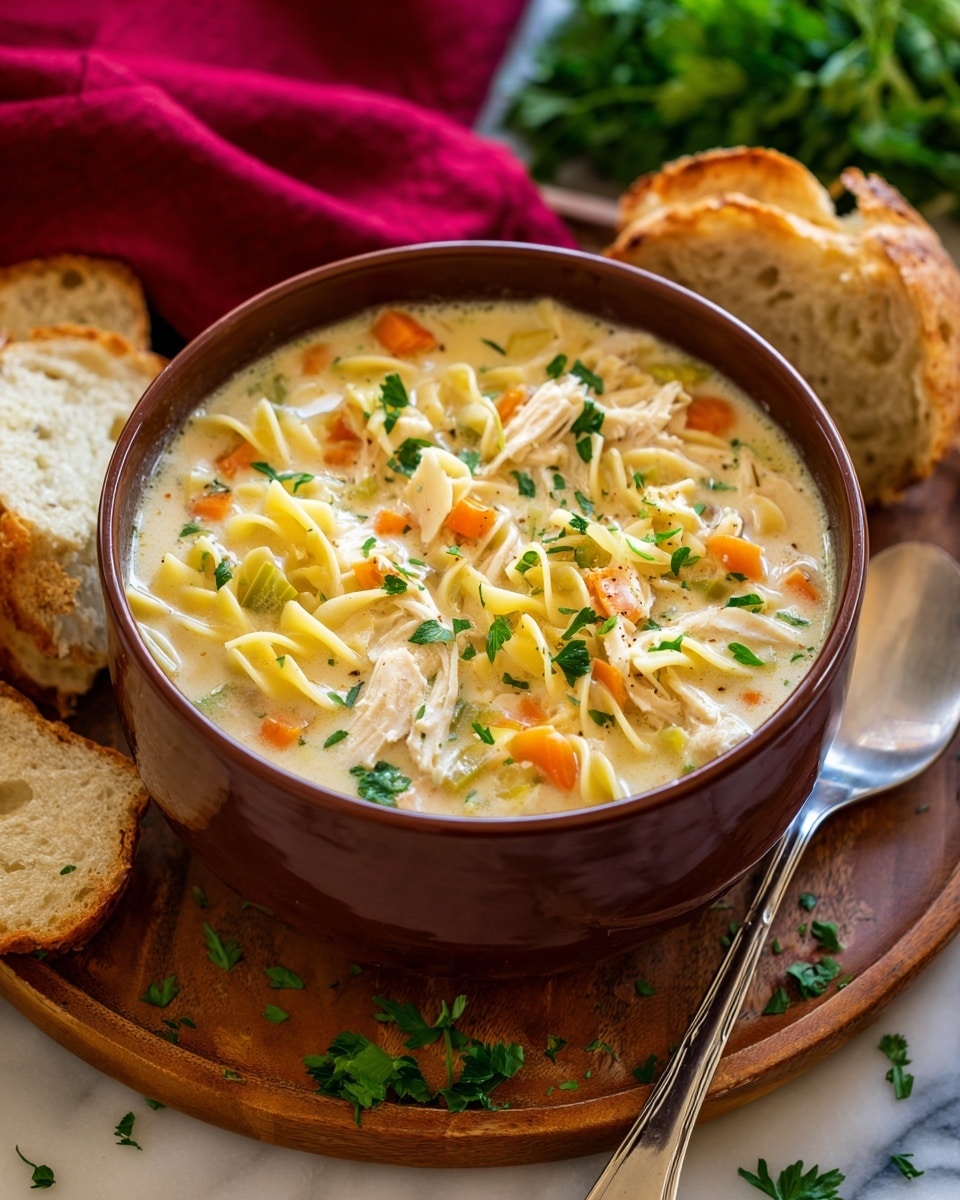 A brown bowl filled with creamy chicken noodle soup sits on a wooden round tray atop a white marbled surface. The soup has three visible layers: a creamy light beige broth, tender light yellow egg noodles with a wavy texture, and pieces of white shredded chicken mixed with small diced orange carrots and green celery. Fresh green parsley pieces are sprinkled on top. Next to the bowl are slices of crusty golden-brown bread and a bunch of fresh parsley leaves. A silver spoon rests on the tray, and a red cloth is partly visible in the background. Photo taken with an iphone --ar 4:5 --v 7