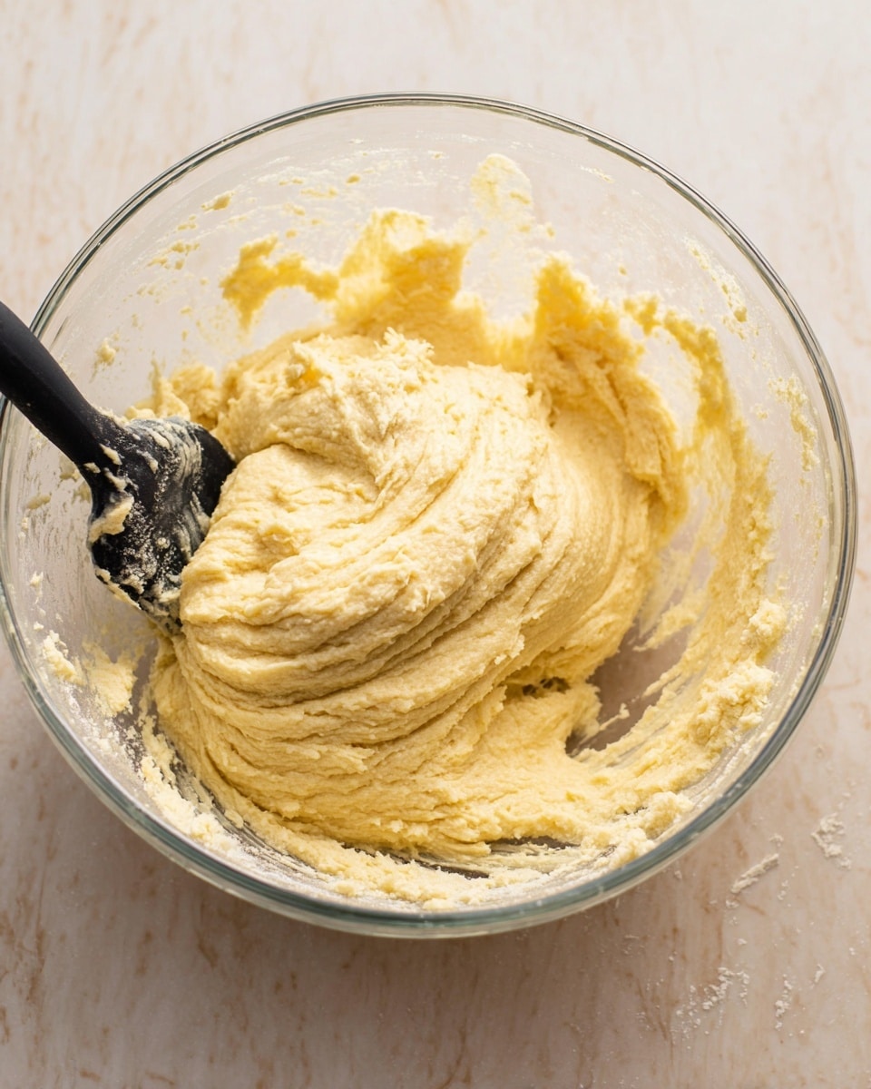 A clear glass bowl filled with a thick, pale yellow dough that has a creamy, slightly grainy texture. The dough is gathered mainly in the center, with smooth curved ridges showing it has been mixed. A black spatula is partially visible holding some dough, resting inside the bowl at the top left. The bowl sits on a white marbled surface with some scattered bits of dough and flour on the sides inside the bowl. Photo taken with an iphone --ar 4:5 --v 7
