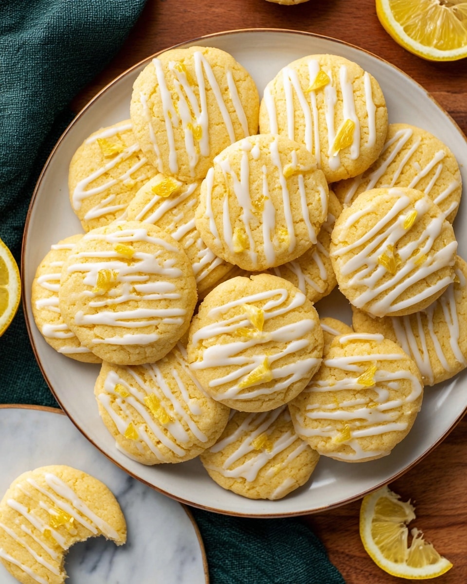 A white plate is filled with about fifteen round lemon cookies, each topped with thin white icing lines crossing horizontally. The cookies are yellow with a soft, slightly cracked texture suggesting they are soft and chewy. Small slices of fresh lemon wedges decorate some of the cookies, adding bright yellow accents. One cookie on the side is broken, showing a moist inside. The plate is set on a wooden surface with a white marbled texture background partly visible. photo taken with an iphone --ar 4:5 --v 7