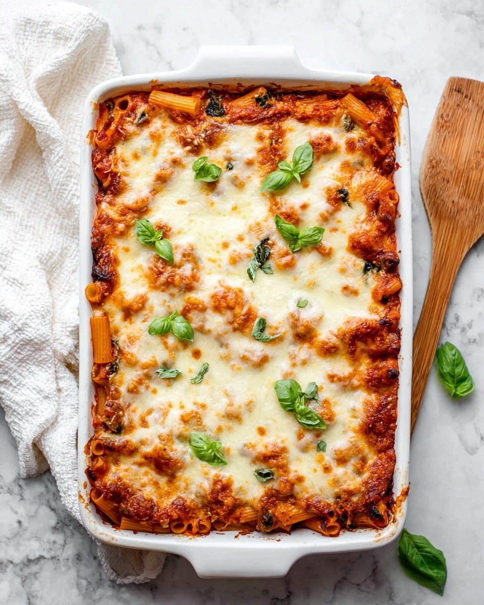 A white rectangular baking dish holds a baked pasta dish with two visible layers: the bottom layer is made of rigatoni pasta covered in red tomato sauce mixed with spinach, showing orange and green accents, while the top layer is a thick, melted golden cheese with browned spots and bubbly texture all over, dotted with fresh green basil leaves on top. The dish is placed on a white marbled surface next to a wooden spatula, and a white cloth is partly visible on the left side. photo taken with an iphone --ar 4:5 --v 7