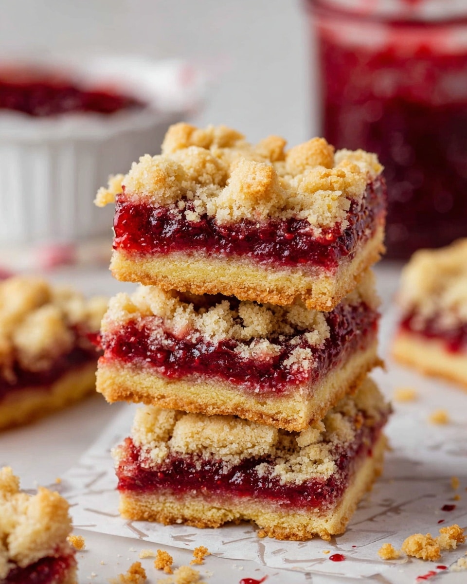 A stack of three square raspberry crumb bars is shown close up on a white marbled surface; each bar has three layers: a crumbly golden yellow base, a thick bright red raspberry jam middle, and a chunky golden crumb topping. Crumbs are scattered around the bars. In the background, a glass jar filled with raspberry jam and a white bowl with more jam are visible, adding rich red color contrasts. The overall look is soft, crumbly, and inviting, with the crumb topping uneven and rustic. Photo taken with an iphone --ar 4:5 --v 7