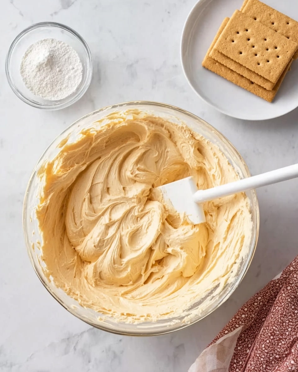 The image shows a large clear glass bowl filled with smooth, creamy, light beige mixture that appears whipped and thick with some swirls and peaks. A white spatula rests inside the bowl, partly covered with the mixture, as if recently stirred. Above the bowl, there is a small clear bowl containing a white powdery substance. To the right, on a white plate, three tan rectangular crackers are stacked slightly overlapping each other. The scene is set on a white marbled surface with a corner of a reddish patterned cloth visible at the bottom right. The lighting is bright and natural, giving a clean and fresh look. Photo taken with an iphone --ar 4:5 --v 7