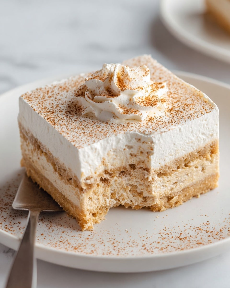 A square slice of layered dessert sits on a white plate with a white marbled surface underneath. The bottom two layers are light brown, textured and soft-looking, while the top layer is thick, smooth, and white, dusted with a fine brown powder. A small swirl of white cream with the same brown powder on top rests in the center of the dessert. A bite is taken out from the middle of the right side, showing the soft interior. A silver spatula holding a piece of the dessert is visible in the bottom left corner. Photo taken with an iphone --ar 4:5 --v 7