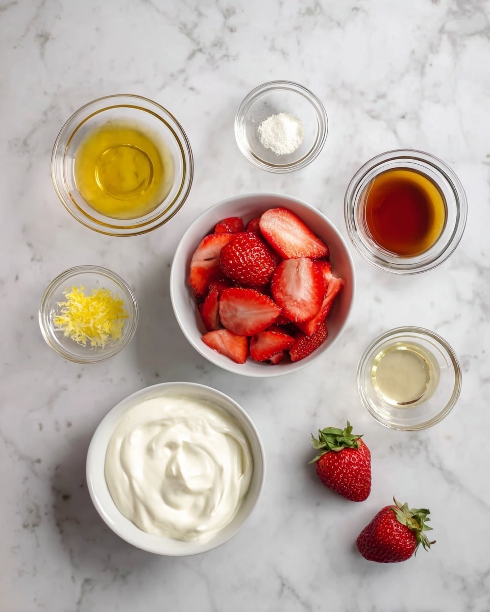 The image shows several small clear glass bowls and a white bowl arranged on a white marbled surface. In the center, there is a white bowl filled with fresh, sliced red strawberries. To the bottom of it, there is a white bowl with a smooth, creamy white substance. Around these, there are four small glass bowls containing different ingredients: one with a bright yellow zest, one with a creamy white thick mixture, one with a dark amber liquid, and one with a light pale yellow liquid. Two whole red strawberries with green tops sit directly on the white marbled surface next to the bowls. The scene is clean and simple, highlighting the fresh ingredients. photo taken with an iphone --ar 4:5 --v 7