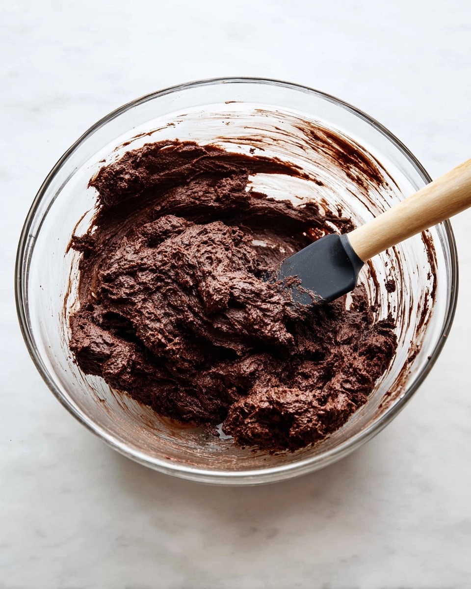 A clear glass bowl sits on a white marbled surface, filled with rich dark brown chocolate dough that has a thick and slightly uneven texture. A spatula with a light wooden handle and black head is partially buried in the dough, resting near the edge of the bowl. The inside of the bowl has streaks of chocolate dough around its sides, showing the mixture was recently stirred photo taken with an iphone --ar 4:5 --v 7
