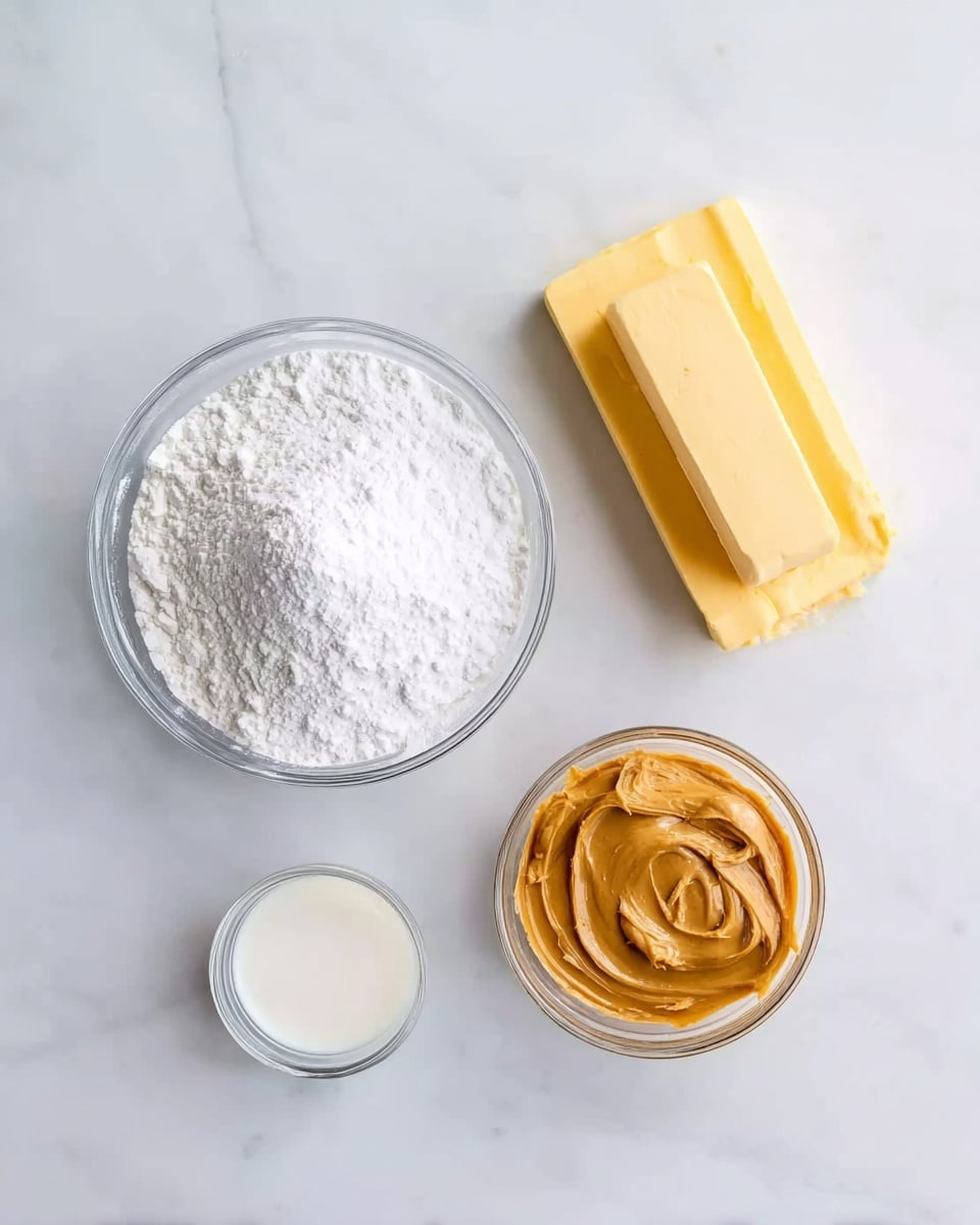 The image shows four ingredients arranged on a white marbled surface: a clear bowl filled with white powdered sugar placed near the center left, two sticks of yellow butter stacked close to the top right corner, a small clear bowl with smooth light brown peanut butter positioned below the butter, and a tiny clear bowl with white milk near the lower left side. photo taken with an iphone --ar 4:5 --v 7