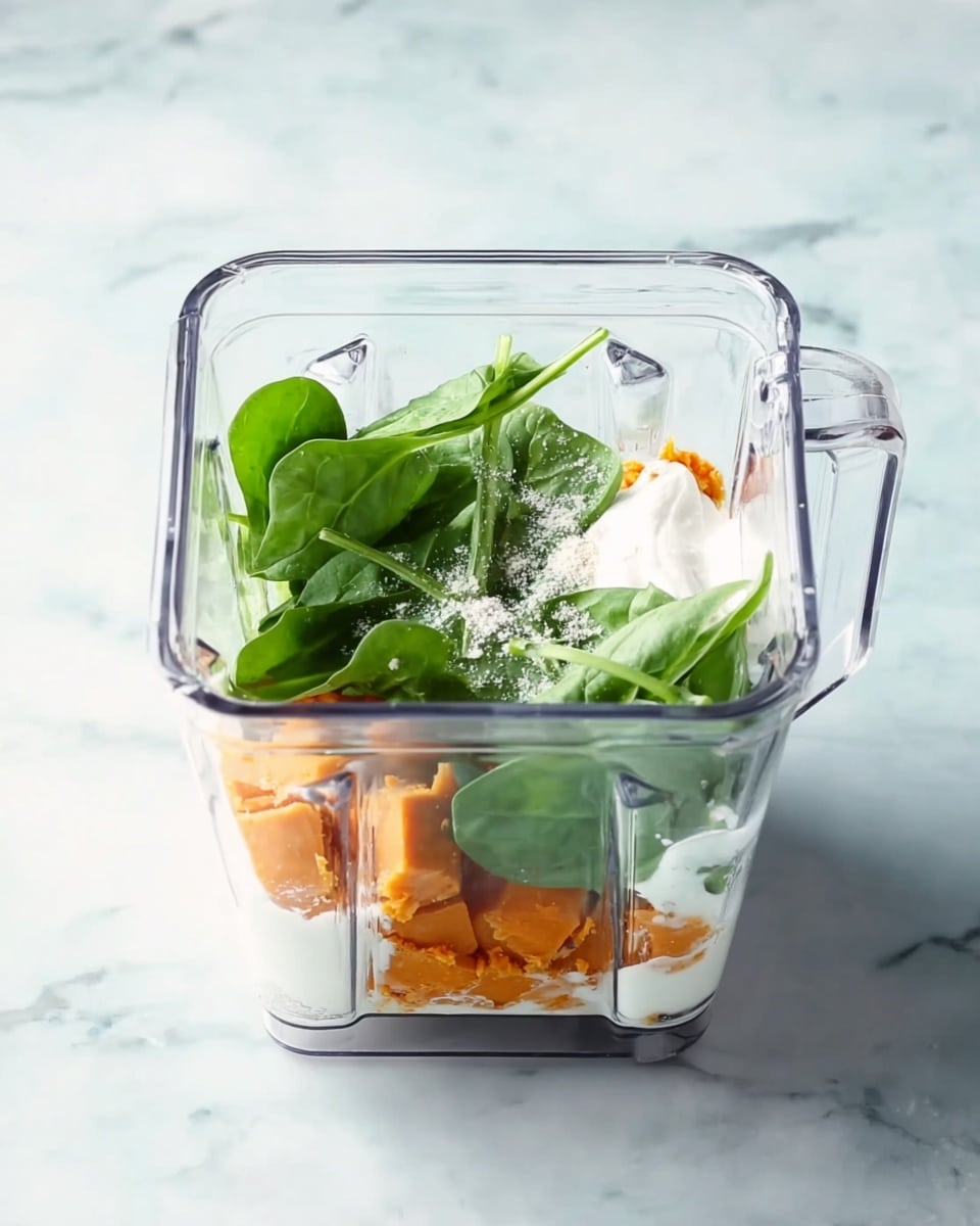 A clear square blender jar with visible ingredients inside placed on a white marbled surface; the bottom layer shows an orange chunky substance, likely cooked sweet potato pieces, followed by a layer of creamy white liquid or yogurt, topped with fresh green spinach leaves and sprinkled lightly with a white powder, possibly protein or baking powder. photo taken with an iphone --ar 4:5 --v 7