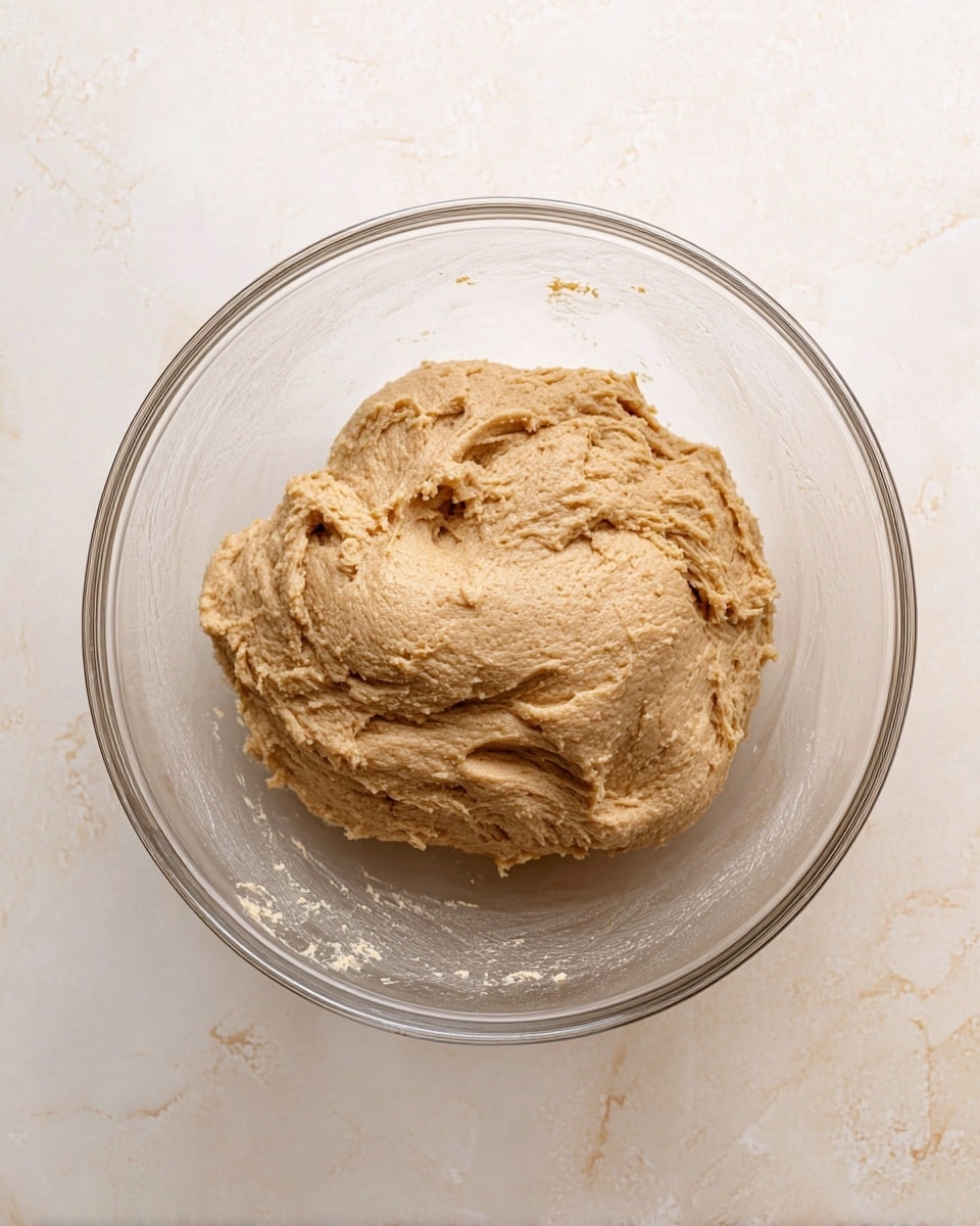 A clear glass bowl sits on a white marbled surface, holding a single large clump of light brown dough with a slightly rough and sticky texture, showing soft folds and creases all around. The dough fills about one-third of the bowl, it looks thick and dense, resting flat against the bottom, with some marks where it was moved or pressed. Photo taken with an iphone --ar 4:5 --v 7
