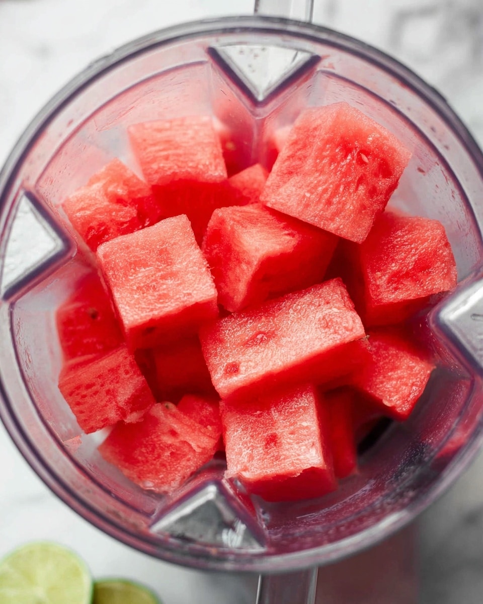 A clear blender container filled with many bright red watermelon cubes. The cubes are stacked unevenly inside, showing a mix of smooth and slightly rough textures. The blender is placed on a white marbled surface with part of a sliced lime visible at the bottom corner. The lighting is soft, making the watermelon pieces look fresh and juicy. Photo taken with an iphone --ar 4:5 --v 7