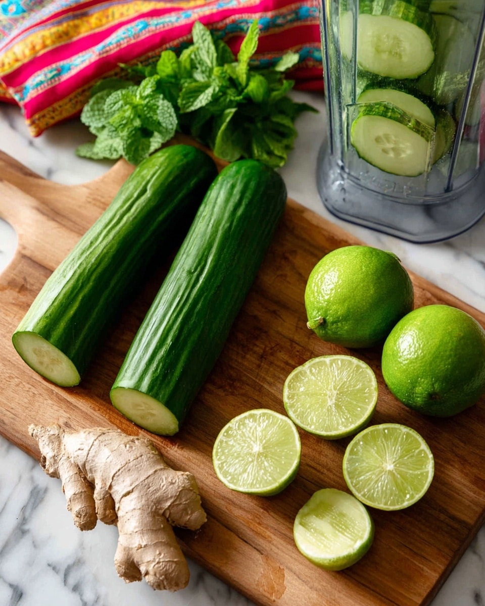 The image shows a wooden cutting board on a white marbled surface with fresh ingredients arranged on it. Three green cucumbers are placed horizontally, two of them halved to show their light green, smooth, and juicy interior. To the right, there are several bright green limes, three whole and three cut in half, showing their juicy, light green pulp, with one lime half squeezed empty. Below the limes, a piece of light brown ginger root with a rough texture sits on the board. In the background, a bunch of fresh green mint leaves is partly covered by a colorful cloth with red, yellow, and blue stripes, next to a clear blender container with cucumber slices inside. photo taken with an iphone --ar 4:5 --v 7
