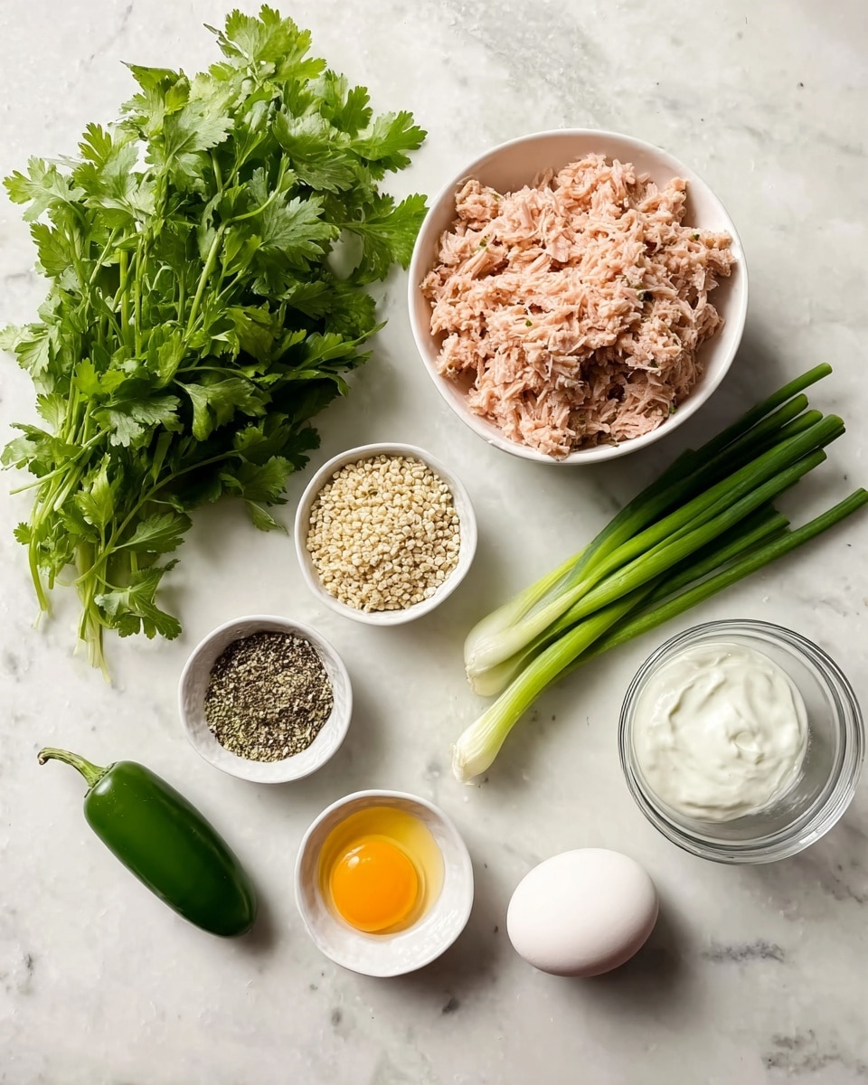 The image shows seven main elements on a white marbled surface. In the top left, a bunch of fresh green cilantro with leafy texture, while on the top right, four long green and white scallions lie side by side. In the center is a white bowl filled with light pink shredded tuna. Below the tuna bowl, there are three smaller white bowls: one with beige bulgur grains, one with a mix of black, white, and brown spices, and one with a bright yellow raw egg yolk and egg white. To the right of the tuna bowl, a small clear glass bowl contains thick white yogurt. A single shiny green jalapeño pepper is placed between the cilantro and scallions. No plates are visible, and a woman's hand is not present in the image. Photo taken with an iphone --ar 4:5 --v 7