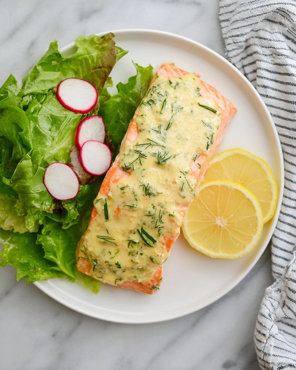 The image shows a white plate with a piece of cooked salmon in the center. The salmon has a creamy yellow sauce with green herbs spread evenly on top. To the left of the salmon, there is a small pile of fresh green lettuce leaves mixed with thin slices of radish. On the right side of the salmon, two bright yellow lemon slices are placed, showing their juicy inner texture. The plate is set on a white marbled surface with a striped cloth napkin partially visible in the top right corner. photo taken with an iphone --ar 4:5 --v 7
