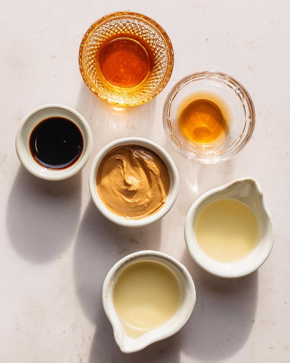 The image shows six small white bowls and glass containers arranged on a white marbled surface. At the top left is a small clear glass bowl with a textured pattern, filled with a light amber liquid. To its right, another clear glass bowl, also with a textured edge, holds a similar amber liquid. In the center is a small white bowl filled with a thick, light brown paste. Below that, on the left, is a small white bowl filled with dark brown liquid, almost black. To the right of this is an empty white bowl. At the bottom center is a white bowl with a small spout, filled with a pale yellow liquid. The lighting highlights the smooth and glossy textures of the liquids and paste. photo taken with an iphone --ar 4:5 --v 7
