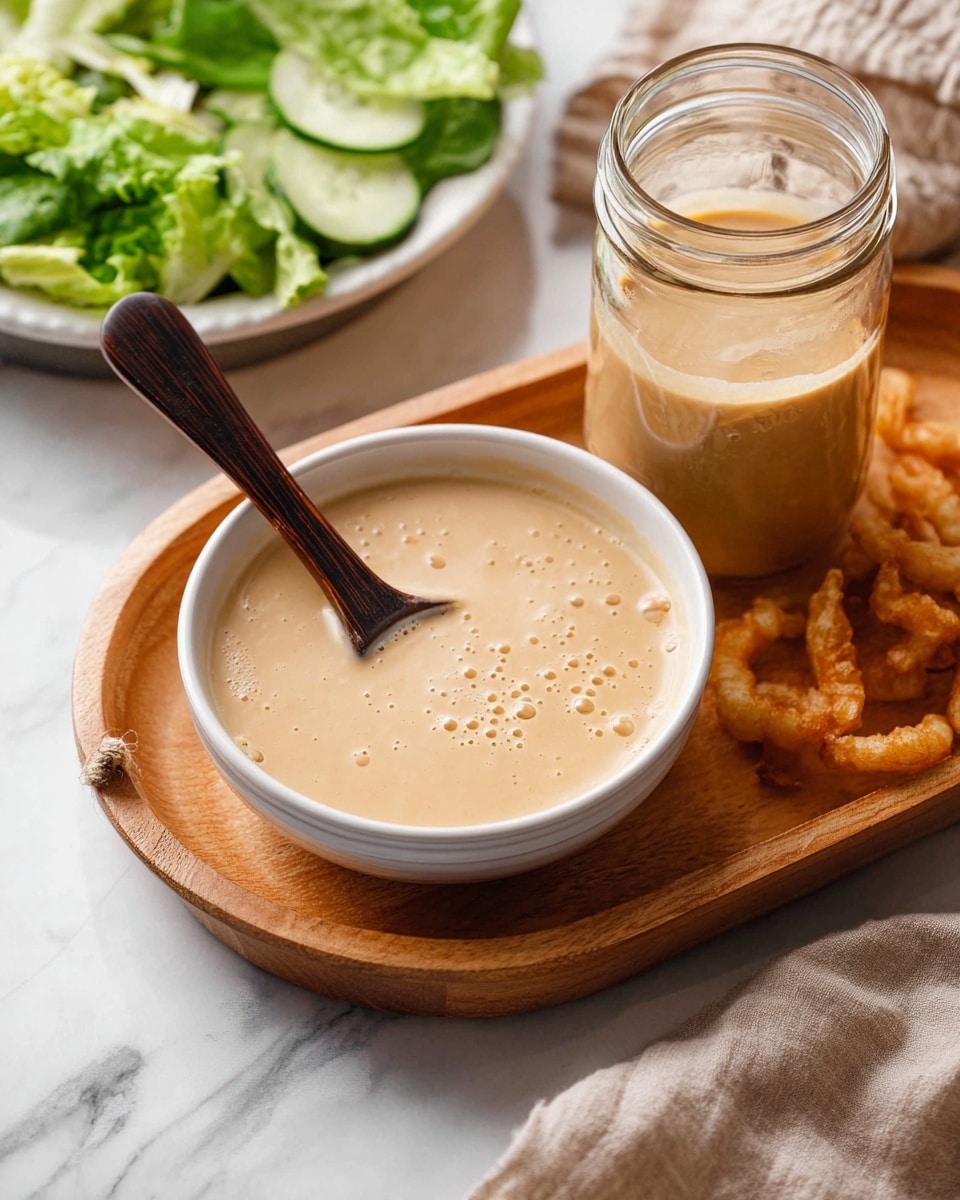 A white shallow bowl filled with a smooth light beige creamy sauce, with small bubbles on the surface, sits on a wooden tray with rounded edges. A dark wooden spoon with a rounded handle rests in the bowl, its round end partially submerged in the sauce. Behind the bowl on the tray, there is a glass jar filled with a similar light beige sauce. Around the jar, there are crispy golden brown fried pieces, some leaning against the jar. To the upper left, a white plate holds fresh green leafy lettuce and sliced cucumber. The whole setup is on a white marbled surface, and a soft beige cloth is partially visible at the bottom right corner. Photo taken with an iphone --ar 4:5 --v 7
