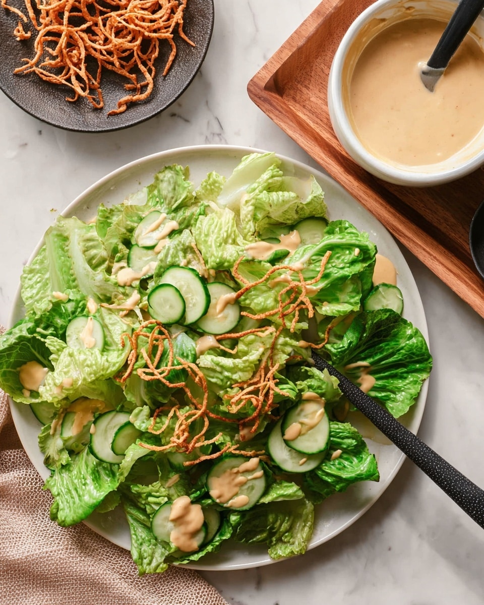 A white plate holds a fresh salad with three main layers: the base layer consists of large, leafy green lettuce with a mix of soft and wrinkled textures; on top, there are thin, round slices of cucumber in a darker green shade evenly spread across; the final layer features small, light brown crispy strips scattered on the salad. A creamy beige dressing is drizzled lightly over the salad. To the top right, there is a white bowl on a wooden tray filled with a similar creamy dressing and a black spoon resting inside it. On the upper left, a small dark dish contains more crispy strips, all set on a white marbled surface. A textured black serving spoon is partly resting on the plate, angled upwards. photo taken with an iphone --ar 4:5 --v 7