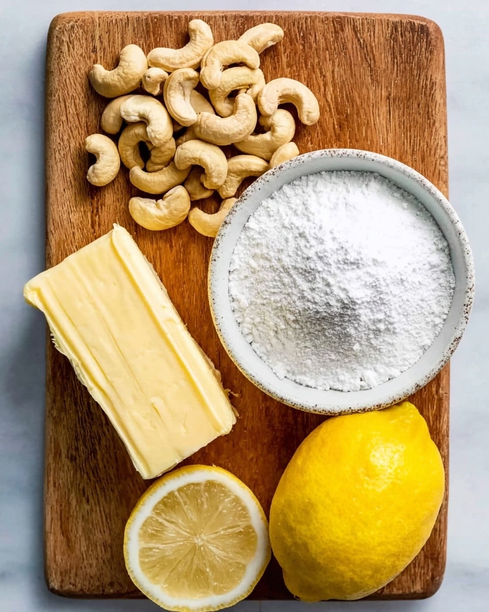 A wooden board holds four ingredients neatly arranged: at the top, a small pile of light brown cashew nuts with a rough texture; to the left, a rectangular block of pale yellow butter with a smooth surface and visible lines; beneath the cashews, a white bowl filled with fine white powdered sugar that looks soft and fluffy; on the right side, a bright yellow lemon, whole and smooth, with a half lemon showing its juicy, segmented inside placed just above it. The background is a white marbled texture photo taken with an iphone --ar 4:5 --v 7