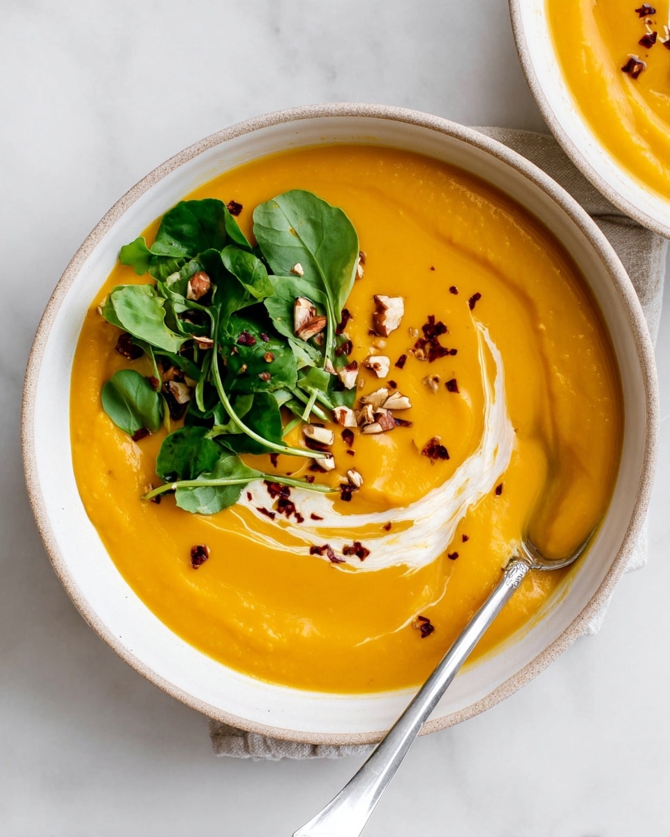The dish is a bowl of bright orange creamy soup filling most of the bowl with a smooth, thick texture. On the upper left side of the soup, there is a small pile of fresh, vibrant green leaves adding a natural contrast. Around the leaves and scattered in the middle, small pieces of chopped nuts and tiny dark red flakes are sprinkled for texture. A light swirl of pale cream runs from the center to the right edge, blending softly into the orange soup. A silver spoon rests on the right side, partially submerged in the soup. The bowl is white with a slightly rough light beige rim, set on a white marbled surface. photo taken with an iphone --ar 4:5 --v 7