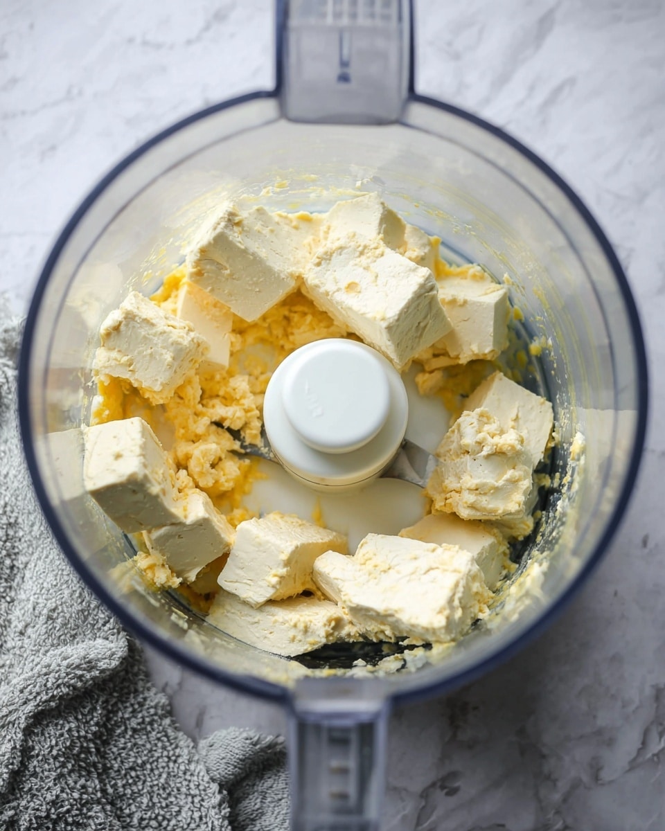 This image shows chunks of soft, creamy tofu with a yellow-orange tint placed inside a clear food processor bowl. The tofu pieces are uneven in size and are arranged around the white central blade of the food processor. The clear bowl sits on a white marbled surface, with a textured grey cloth partially visible at the edge. The scene is lit with soft, natural light, highlighting the tofu’s creamy texture and slight browning on some parts. photo taken with an iphone --ar 4:5 --v 7