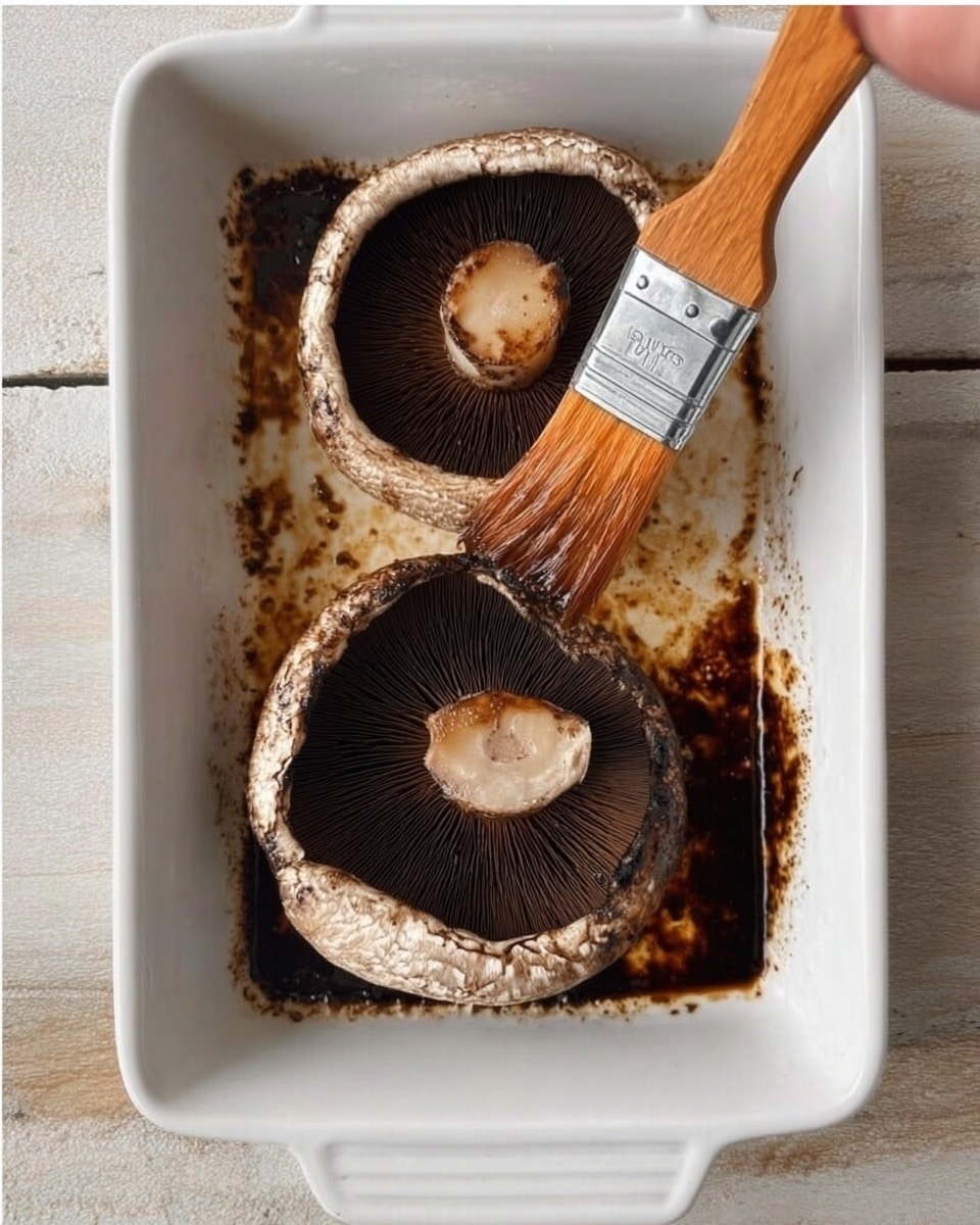 A white rectangular baking dish holds two large dark brown mushrooms with visible textured gills on top and smooth white edges. A woman's hand is using a wide brush with gray and orange bristles to apply sauce or oil onto one mushroom, creating shiny wet spots, while the dish shows dark browned sauce spots around the mushrooms. The baking dish sits on a white marbled surface. Photo taken with an iphone --ar 4:5 --v 7
