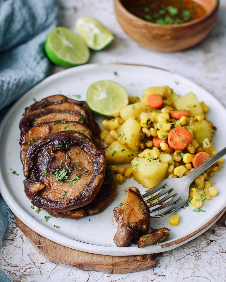 The image shows a white plate with two main parts: on the left, there are several thick, brown, grilled pieces of mushroom stacked slightly on top of each other, showing a browned, slightly shiny texture. To the right, a mix of colorful vegetables including yellow corn, orange carrot pieces, light green chunks, and pale yellow potato pieces mixed together, topped with small green herbs. A half lime with a bright green rind and pale inside is placed at the top edge of the plate, while another half lime lies near the bottom right of the image. In front of the plate, a silver fork touches the grilled mushrooms from the bottom. The background surface is white marbled, with a wooden bowl containing some sauce and green herbs blurred in the top right corner. photo taken with an iphone --ar 4:5 --v 7