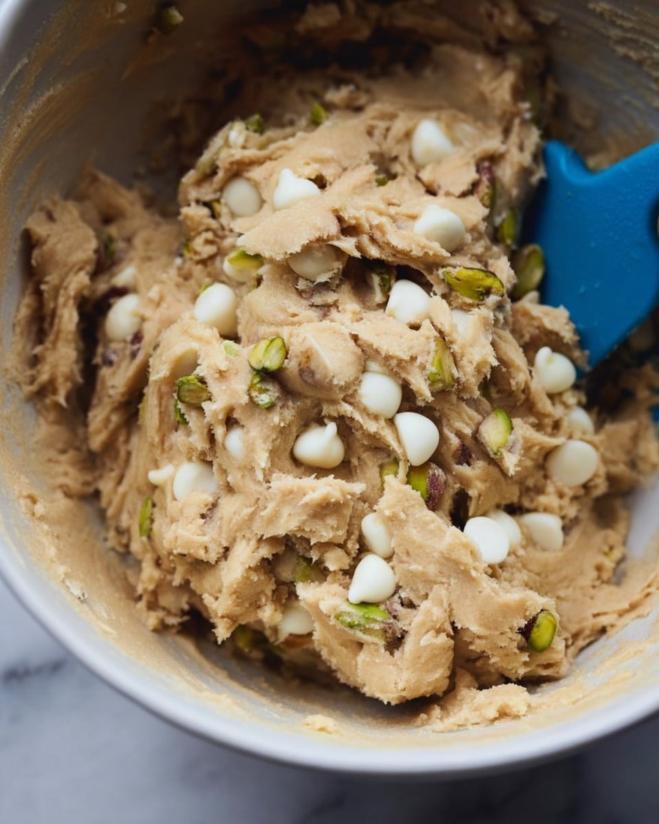 A close-up view of tan cookie dough mixed with white chocolate chips and small green pistachio pieces, showing a soft and slightly sticky texture in a white bowl, with a blue spatula partially visible in the background, all set on a white marbled surface. photo taken with an iphone --ar 4:5 --v 7