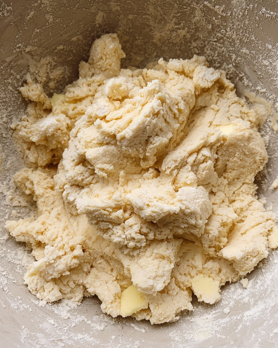 A large bowl filled with rough, crumbly dough that looks soft and uneven with lumps of yellow butter visible throughout. The dough is pale cream in color with patches of dry flour on top, giving a slightly powdery look. The texture shows some clumps holding together while others are loose and grainy. The bowl's surface inside has flour scattered around the edges. The photo was taken with an iphone --ar 4:5 --v 7