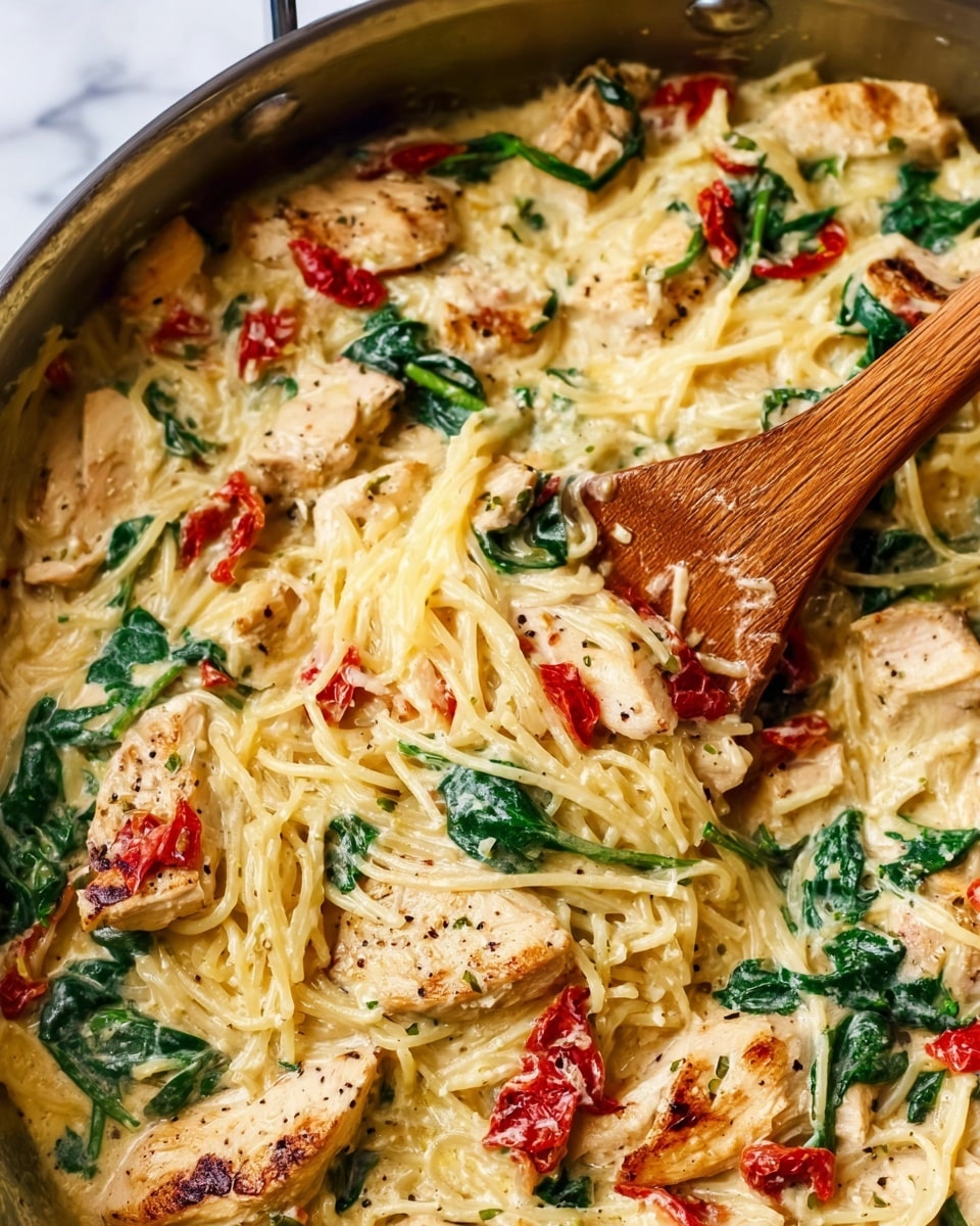 A creamy pasta dish in a pan with three main layers: the base layer is soft spaghetti noodles in a light cream sauce, the middle layer consists of grilled pieces of light brown chicken with light char marks, and the top layer has bright green spinach leaves and small chunks of red sun-dried tomatoes scattered throughout. A wooden spoon is mixing the dish from the right side, with some sauce clinging to the spoon. The background is a white marbled surface. photo taken with an iphone --ar 4:5 --v 7