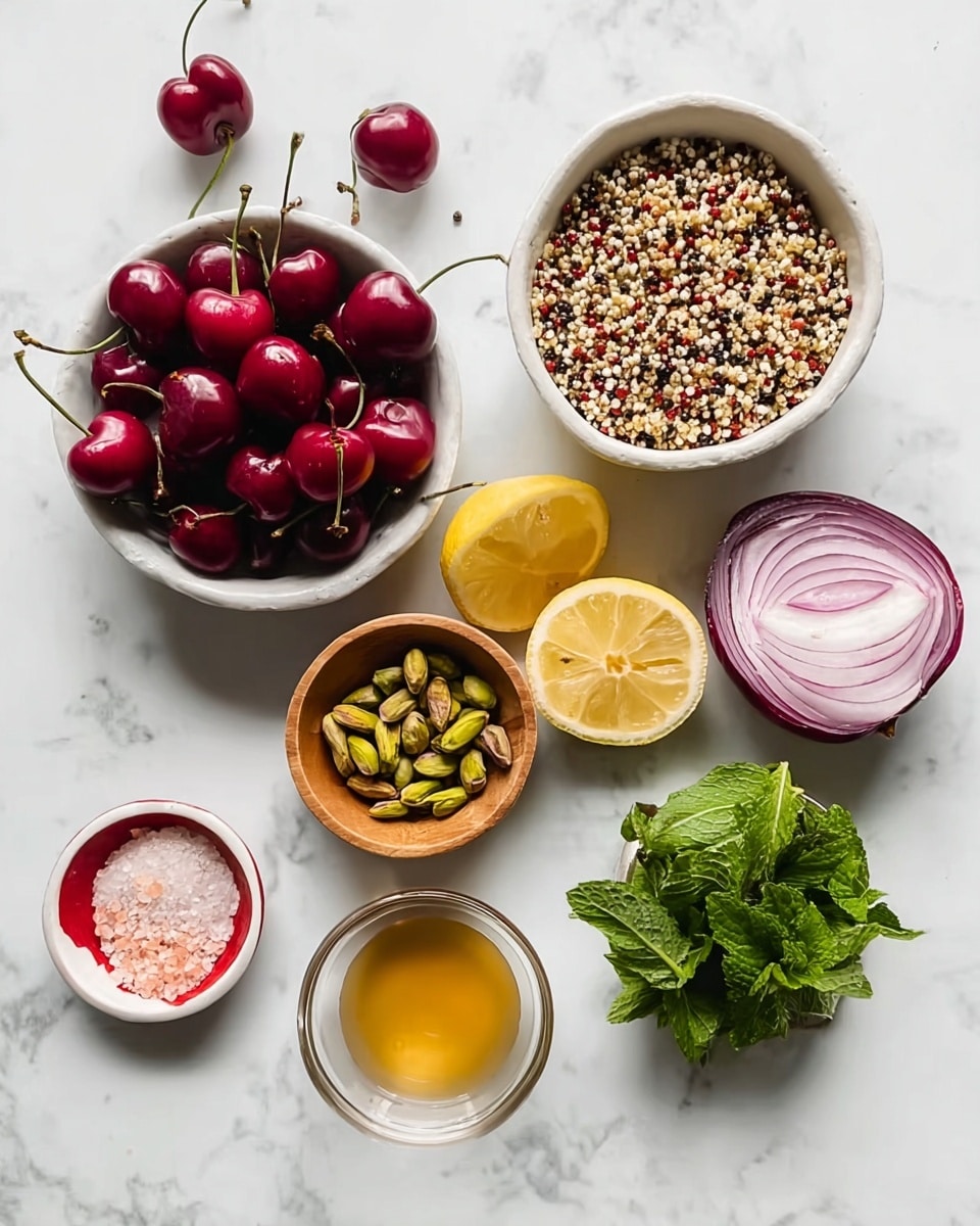The image shows seven bowls and ingredients arranged on a white marbled surface. The top left has a white bowl filled with bright red cherries with green stems, with a couple of cherries outside the bowl. To the right is a white bowl full of dry, mixed quinoa grains in white, red, and black colors. Below these, a small wooden bowl holds green pistachio nuts. To the right of that is half of a red onion, showing its purple layers and white inside. Below the pistachios are two halves of a lemon with a bright yellow color. Next to the lemon halves is a small transparent bowl with a golden honey or syrup inside. At the bottom left, a small white bowl with a red rim contains pink salt and black pepper. Finally, at the bottom right, there is a bunch of fresh green mint leaves. Photo taken with an iphone --ar 4:5 --v 7
