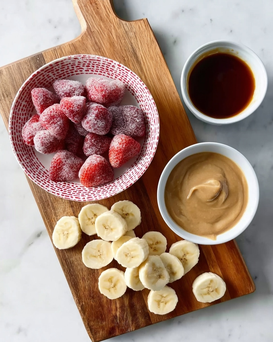 The image shows a wooden cutting board with thick slices of peeled banana on top, placed on a white marbled surface. Below the cutting board, there is a white bowl filled with a tan-colored sauce that looks smooth, and next to it a white bowl with a dark brown liquid. On the left side, a white bowl with a red patterned rim is filled with whole frozen strawberries covered lightly in frost. The colors are natural with the creamy yellow of the bananas, the bright red of the strawberries, and the contrasting browns of the sauces. Photo taken with an iphone --ar 4:5 --v 7